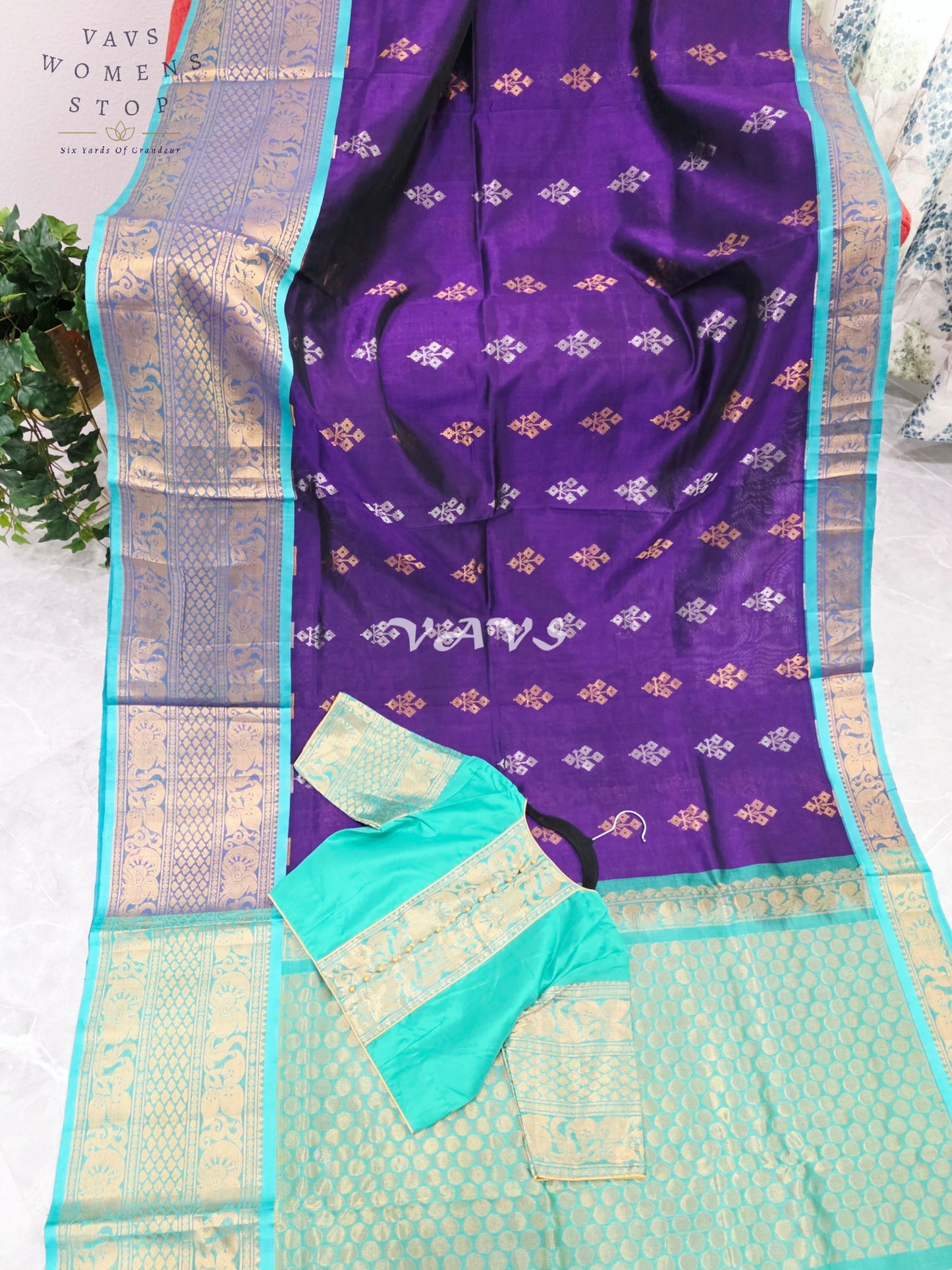 Royal Imperial Purple & Aqua Turquoise Mangalagiri Pattu Handloom Silk Cotton Saree with Antique Gold Zari Border & Stitched Blouse