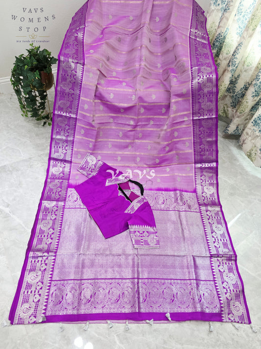 Royal Lavender Orchid Pure Venkatagiri Handloom Saree with Silver Zari Border & Blouse