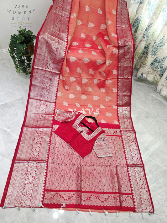 Royal Coral Peach & Crimson Red Pure Venkatagiri Handloom Saree with Silver Zari Buttas & Stitched Blouse