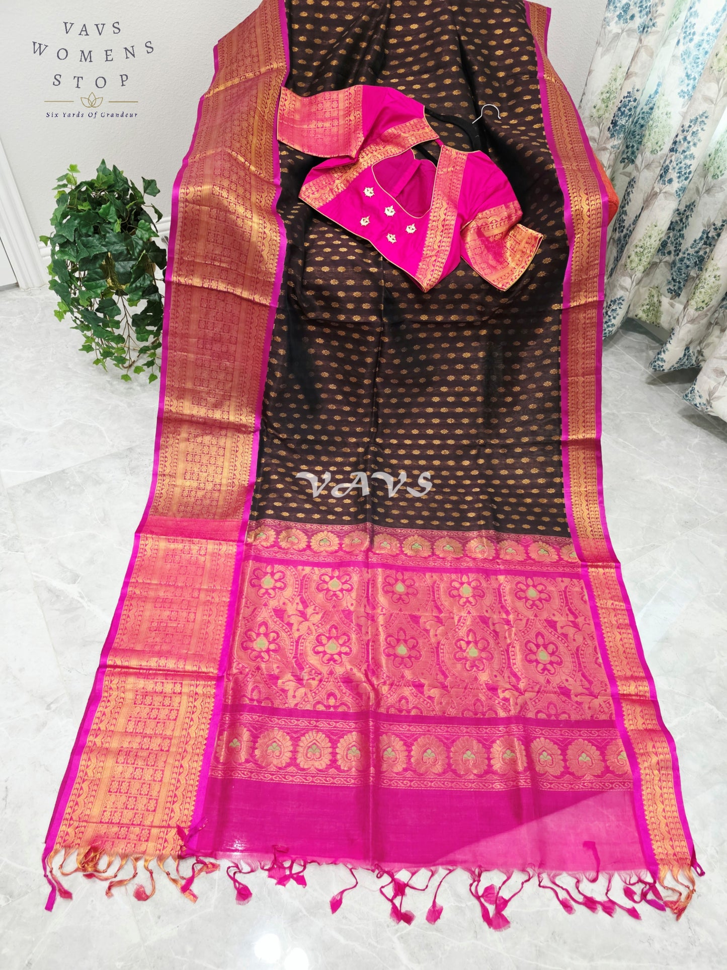 Royal Espresso Brown & Rani Pink Mangalagiri Pattu Handloom Silk Cotton Saree with Antique Gold Zari Border & Stitched Blouse