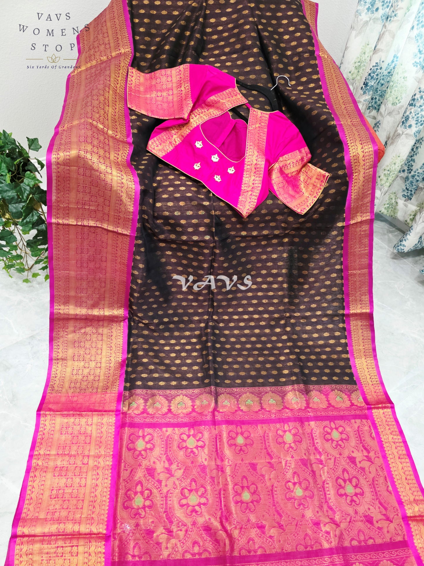 Royal Espresso Brown & Rani Pink Mangalagiri Pattu Handloom Silk Cotton Saree with Antique Gold Zari Border & Stitched Blouse
