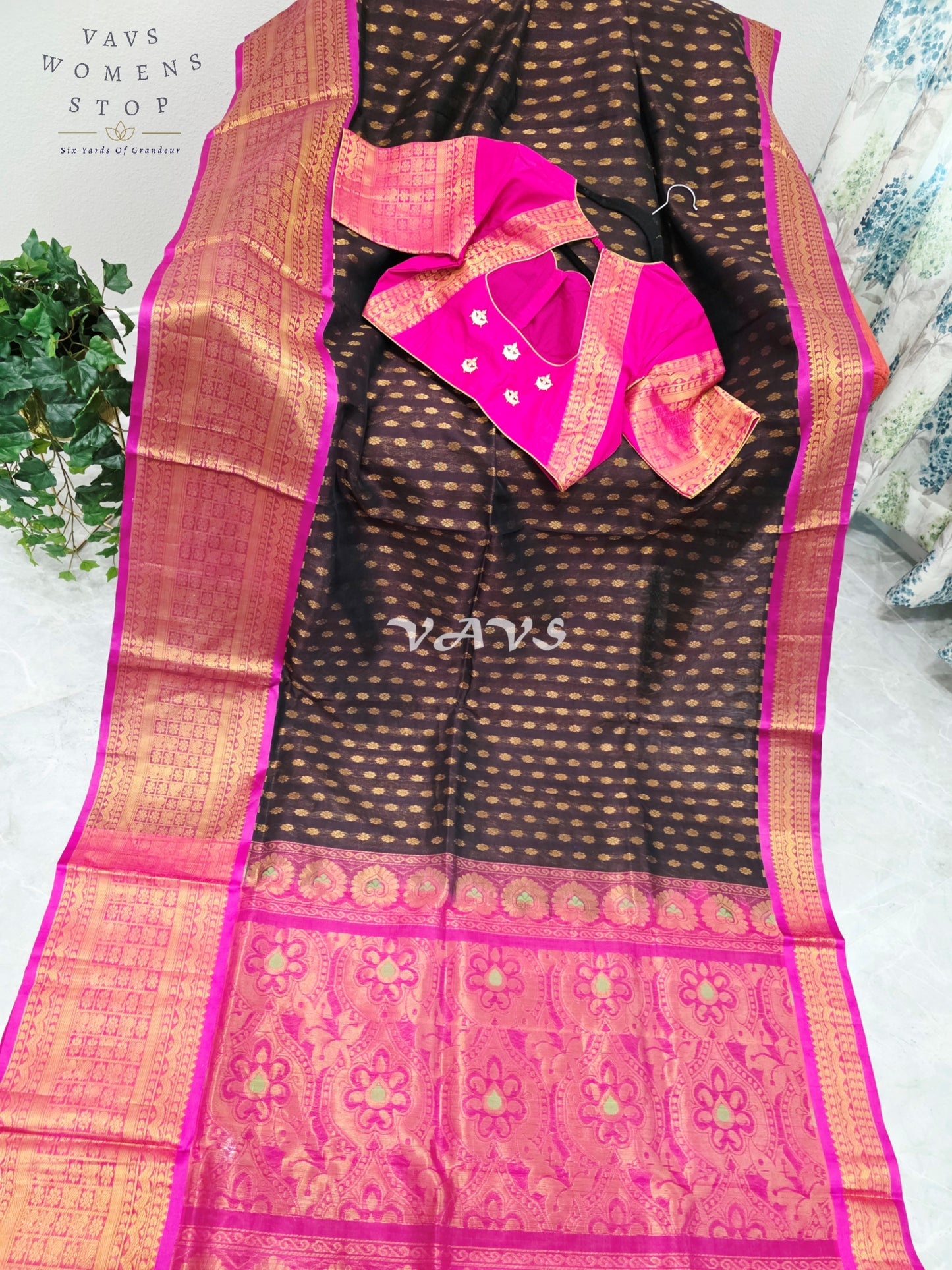 Royal Espresso Brown & Rani Pink Mangalagiri Pattu Handloom Silk Cotton Saree with Antique Gold Zari Border & Stitched Blouse