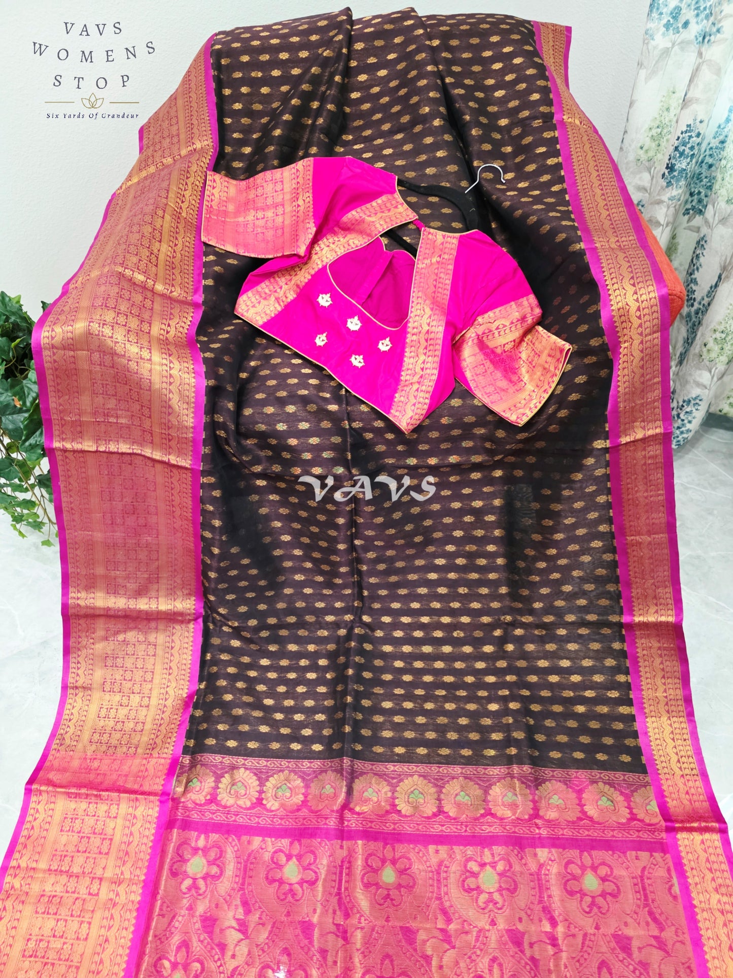 Royal Espresso Brown & Rani Pink Mangalagiri Pattu Handloom Silk Cotton Saree with Antique Gold Zari Border & Stitched Blouse