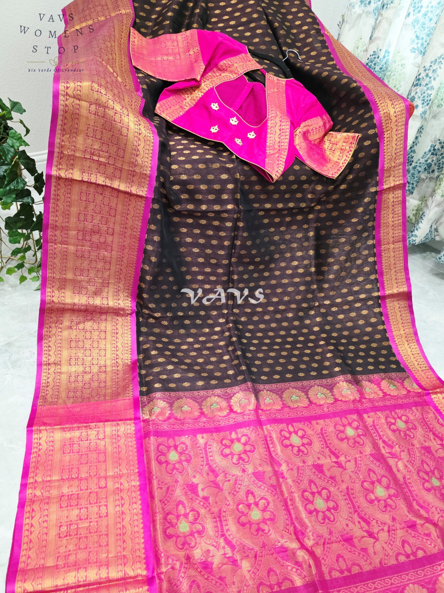 Royal Espresso Brown & Rani Pink Mangalagiri Pattu Handloom Silk Cotton Saree with Antique Gold Zari Border & Stitched Blouse