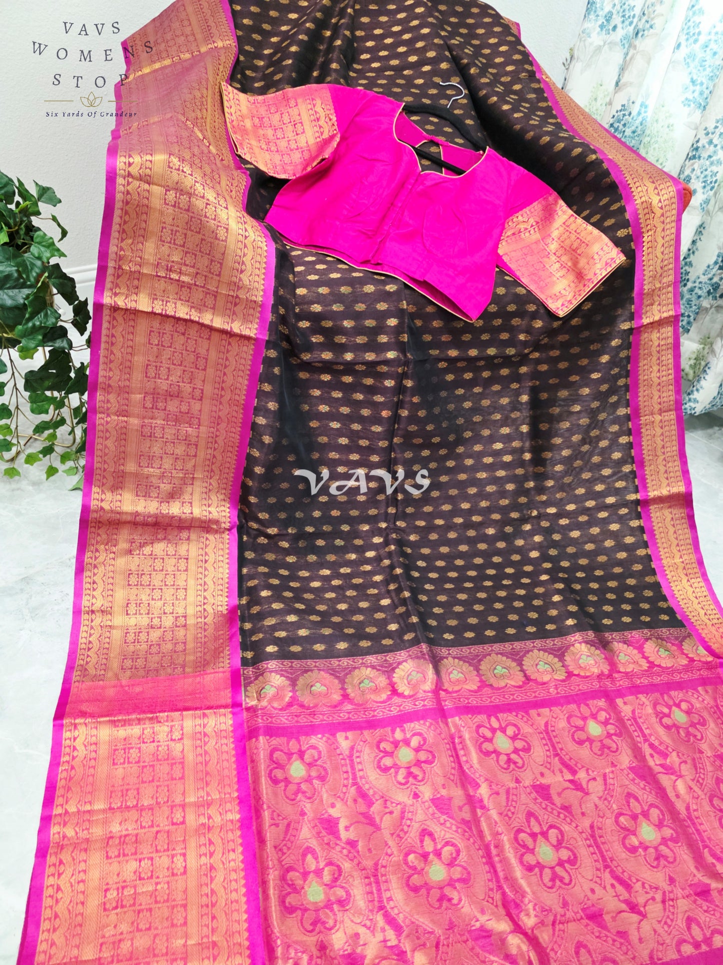 Royal Espresso Brown & Rani Pink Mangalagiri Pattu Handloom Silk Cotton Saree with Antique Gold Zari Border & Stitched Blouse