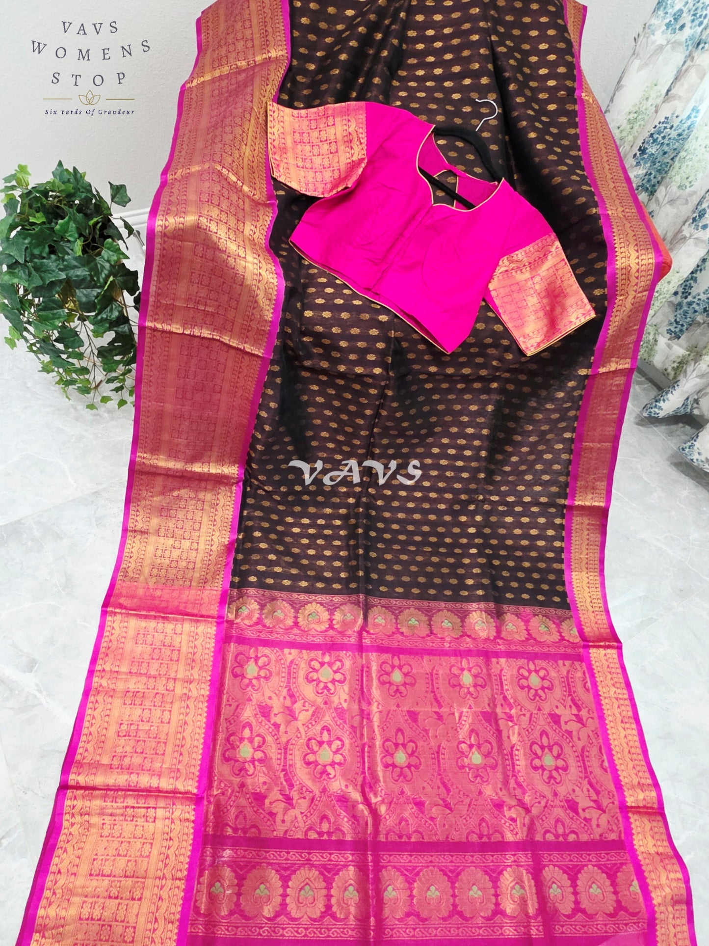 Royal Espresso Brown & Rani Pink Mangalagiri Pattu Handloom Silk Cotton Saree with Antique Gold Zari Border & Stitched Blouse