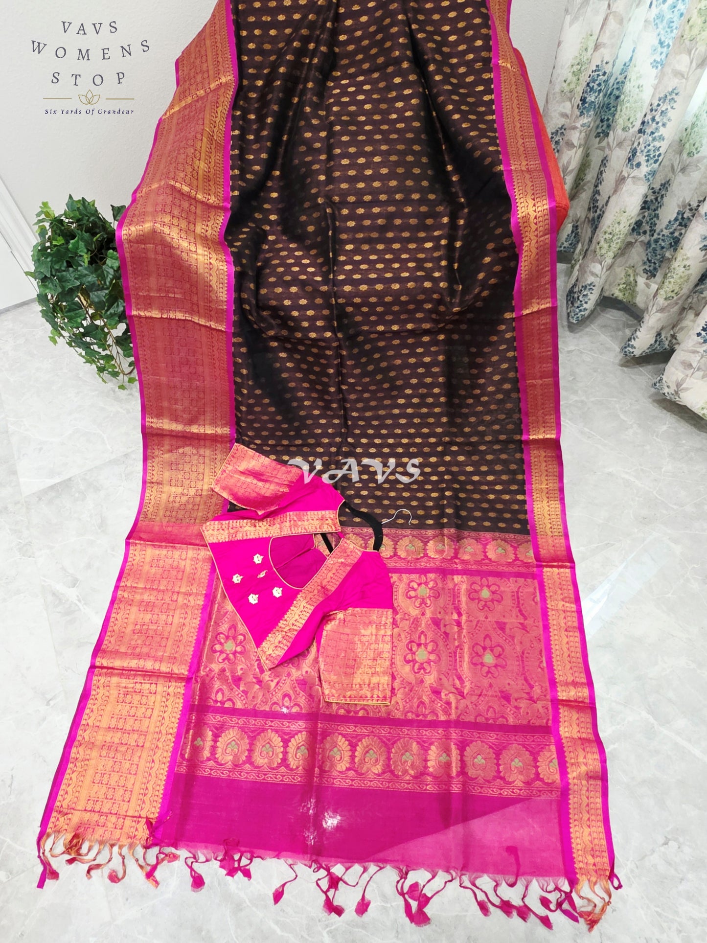 Royal Espresso Brown & Rani Pink Mangalagiri Pattu Handloom Silk Cotton Saree with Antique Gold Zari Border & Stitched Blouse
