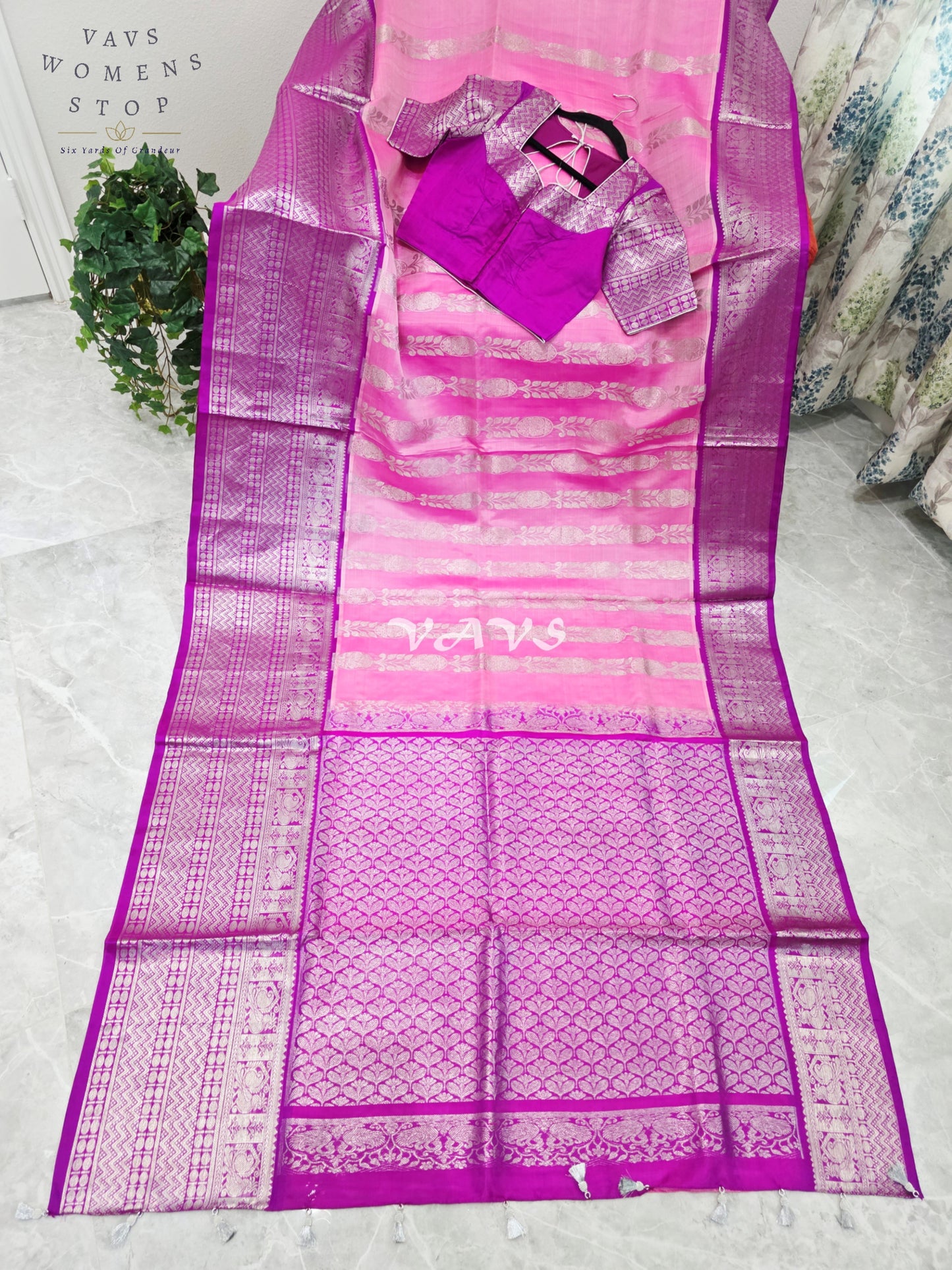 Royal Blush Pink & Imperial Orchid Pure Venkatagiri Pattu Handloom Saree with Silver Zari Stitched Blouse