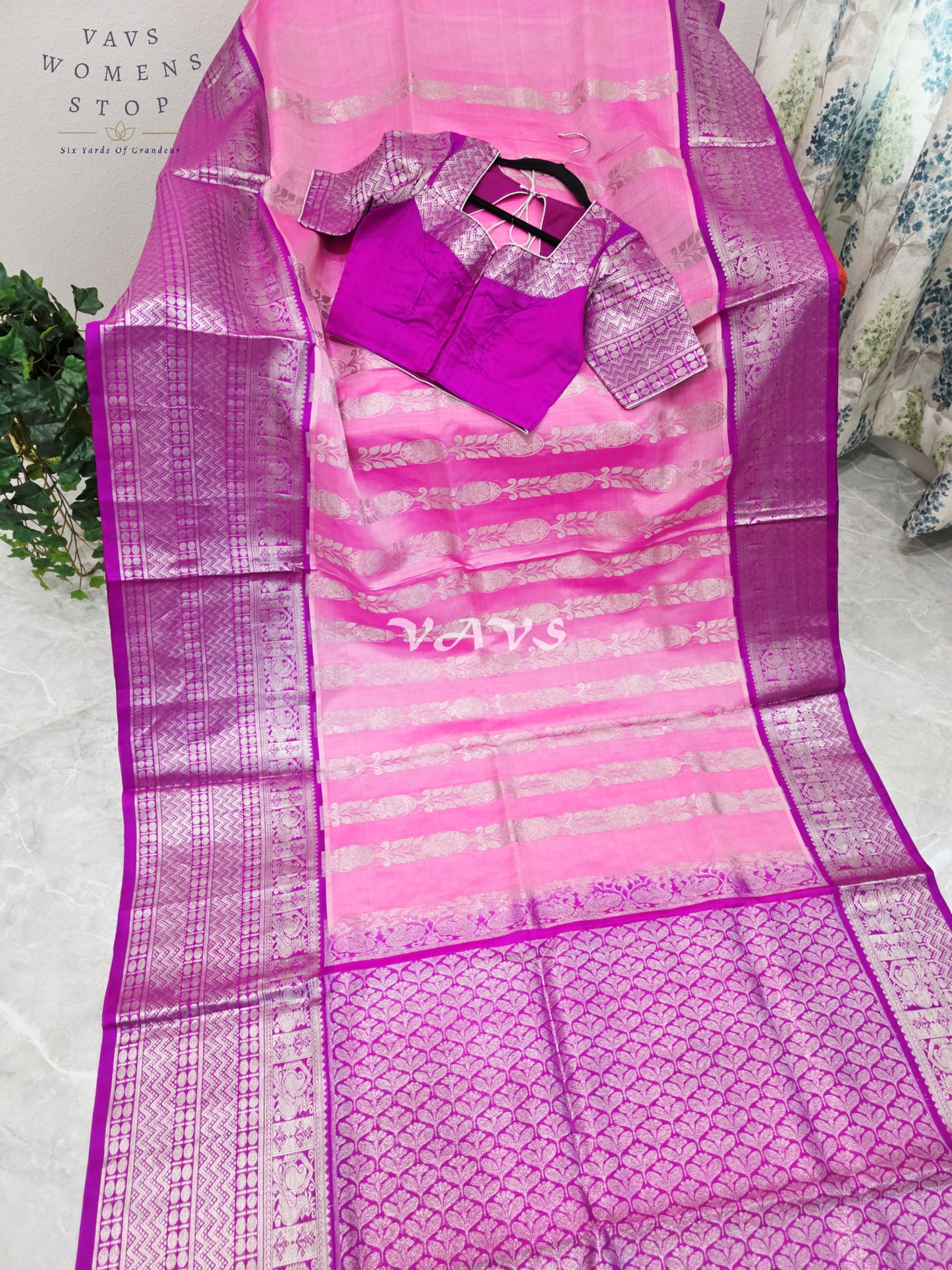 Royal Blush Pink & Imperial Orchid Pure Venkatagiri Pattu Handloom Saree with Silver Zari Stitched Blouse