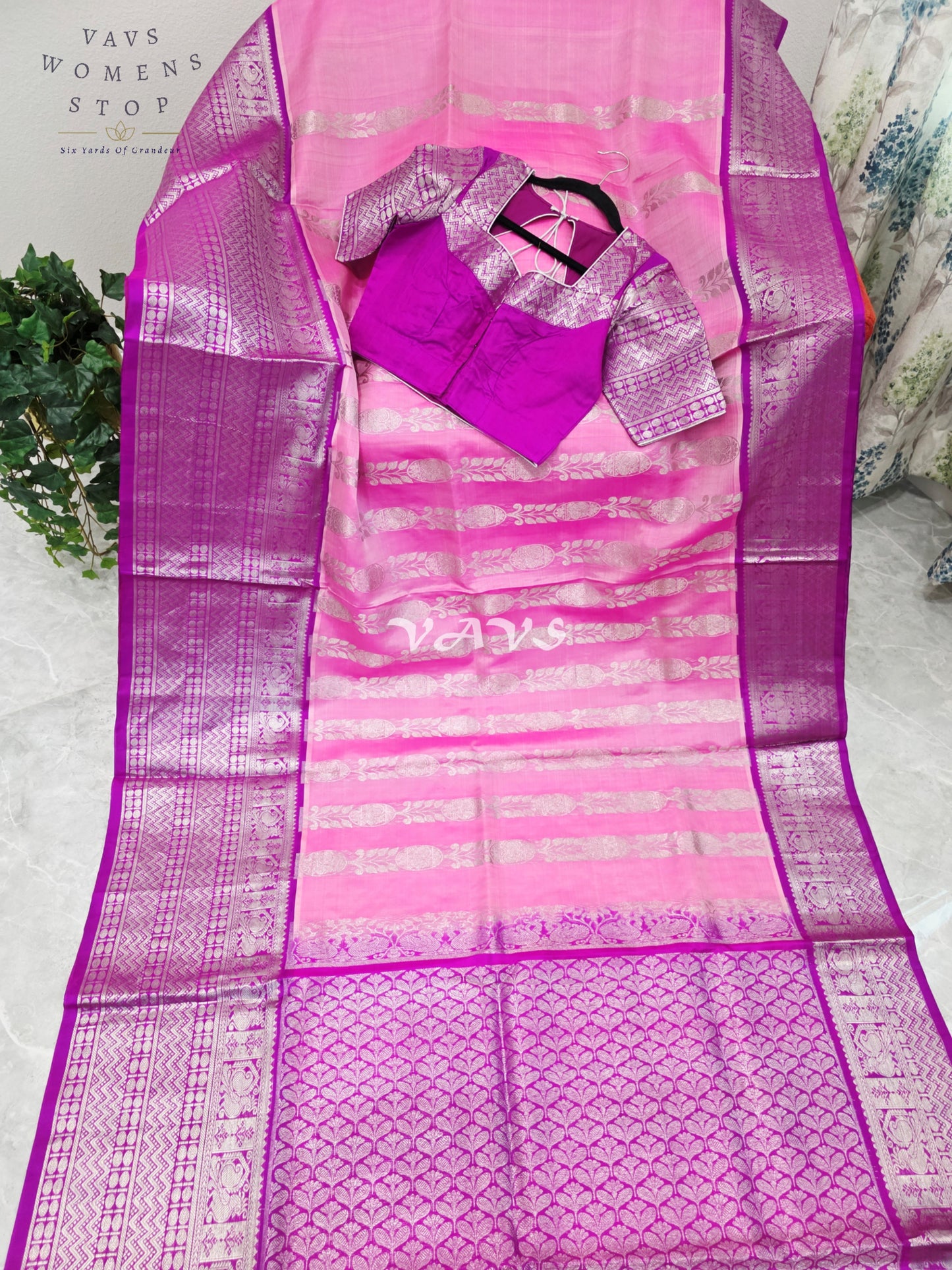 Royal Blush Pink & Imperial Orchid Pure Venkatagiri Pattu Handloom Saree with Silver Zari Stitched Blouse