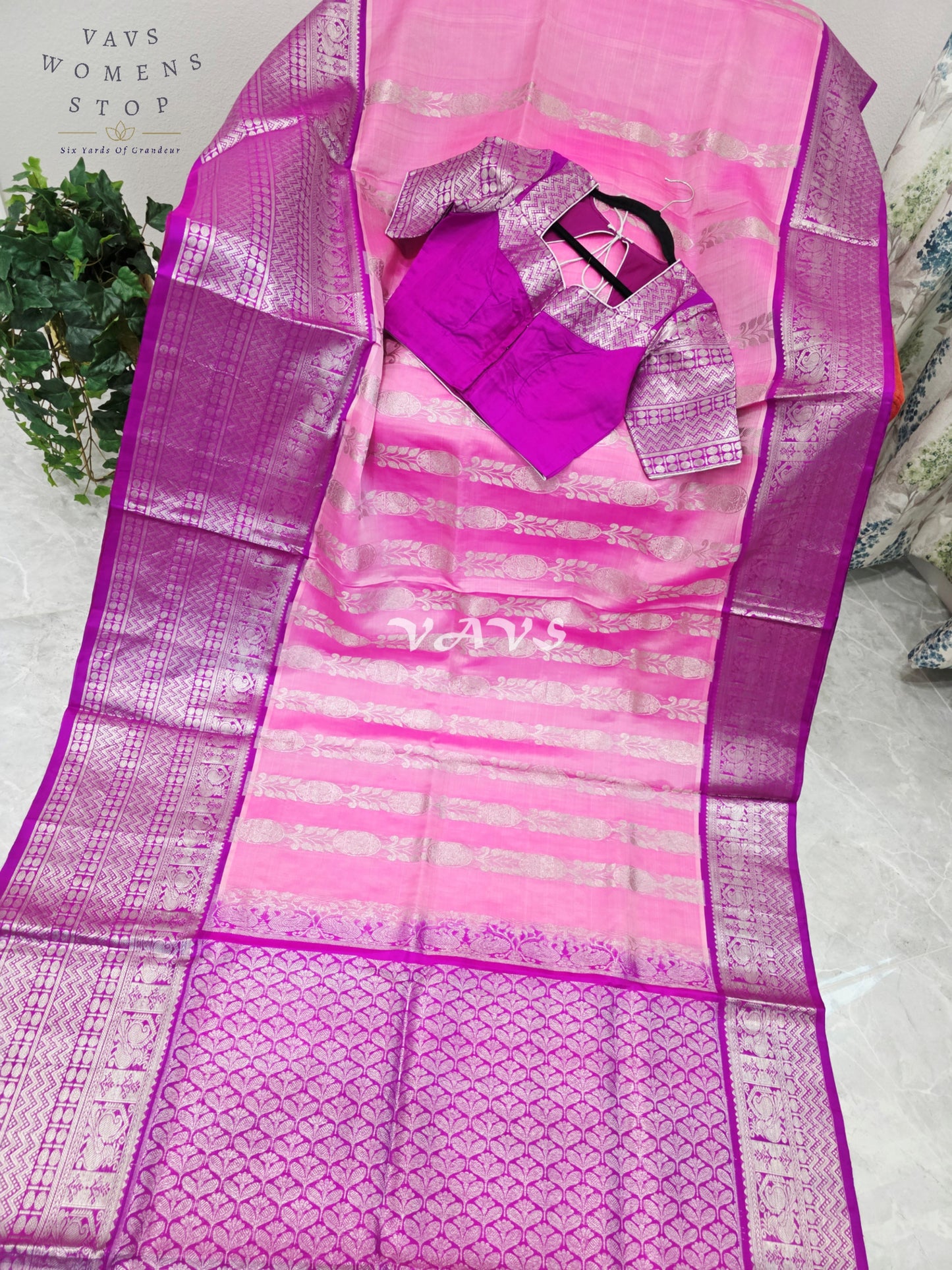 Royal Blush Pink & Imperial Orchid Pure Venkatagiri Pattu Handloom Saree with Silver Zari Stitched Blouse