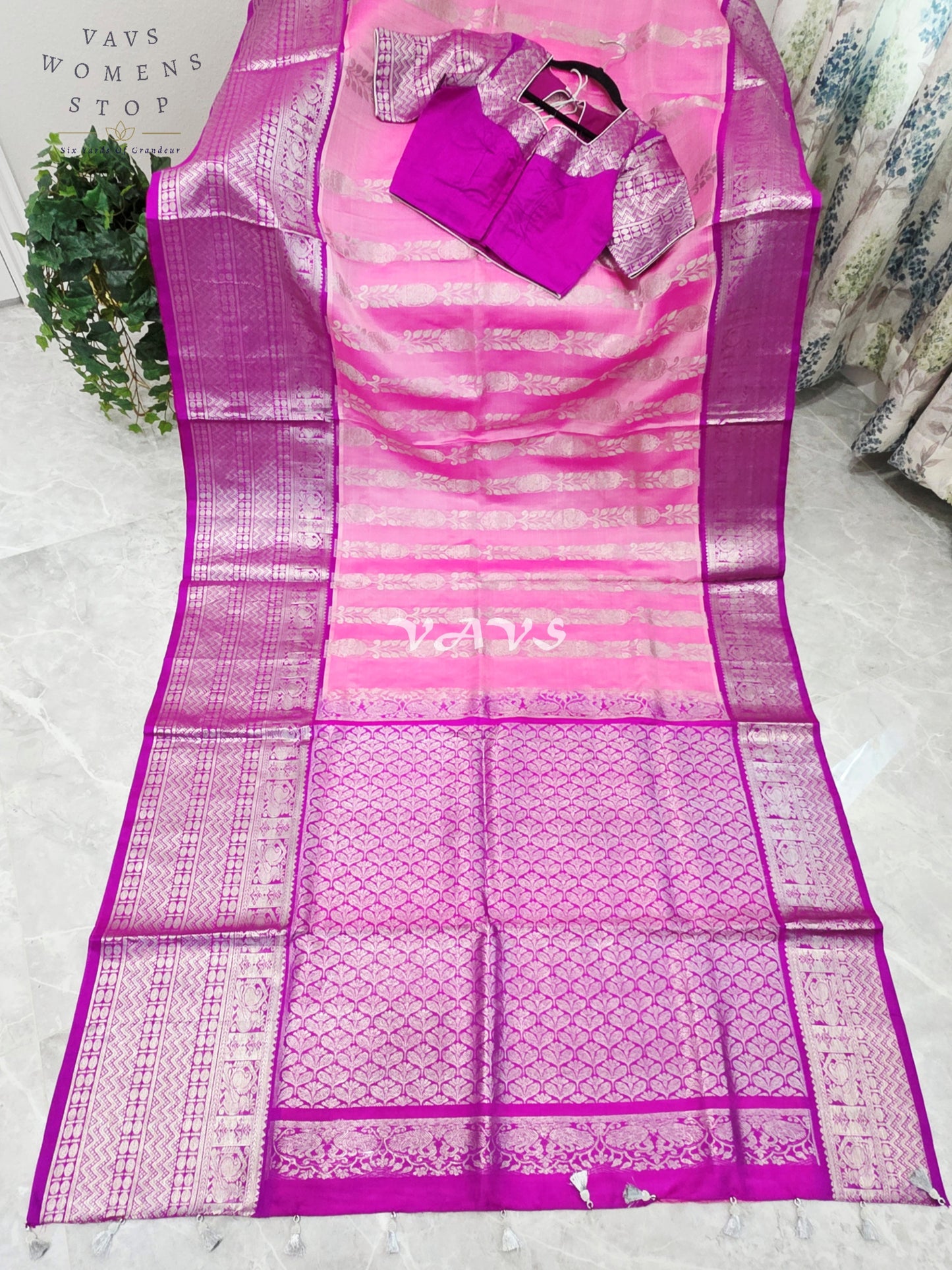 Royal Blush Pink & Imperial Orchid Pure Venkatagiri Pattu Handloom Saree with Silver Zari Stitched Blouse
