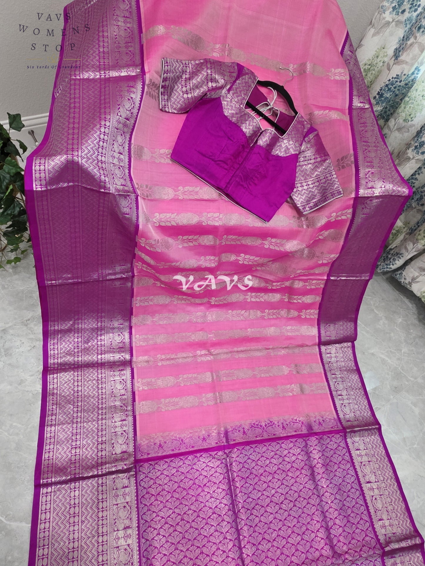 Royal Blush Pink & Imperial Orchid Pure Venkatagiri Pattu Handloom Saree with Silver Zari Stitched Blouse