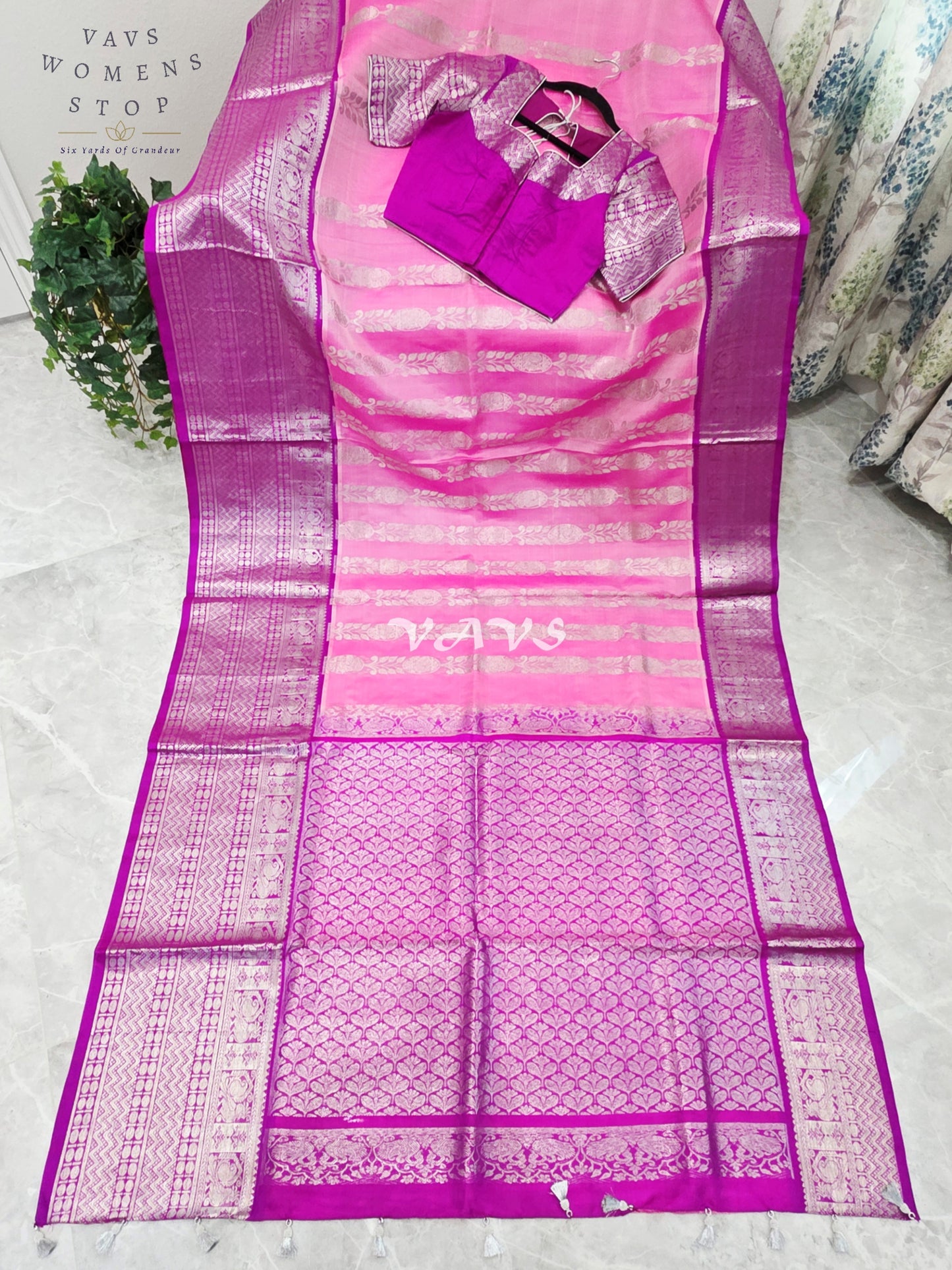 Royal Blush Pink & Imperial Orchid Pure Venkatagiri Pattu Handloom Saree with Silver Zari Stitched Blouse