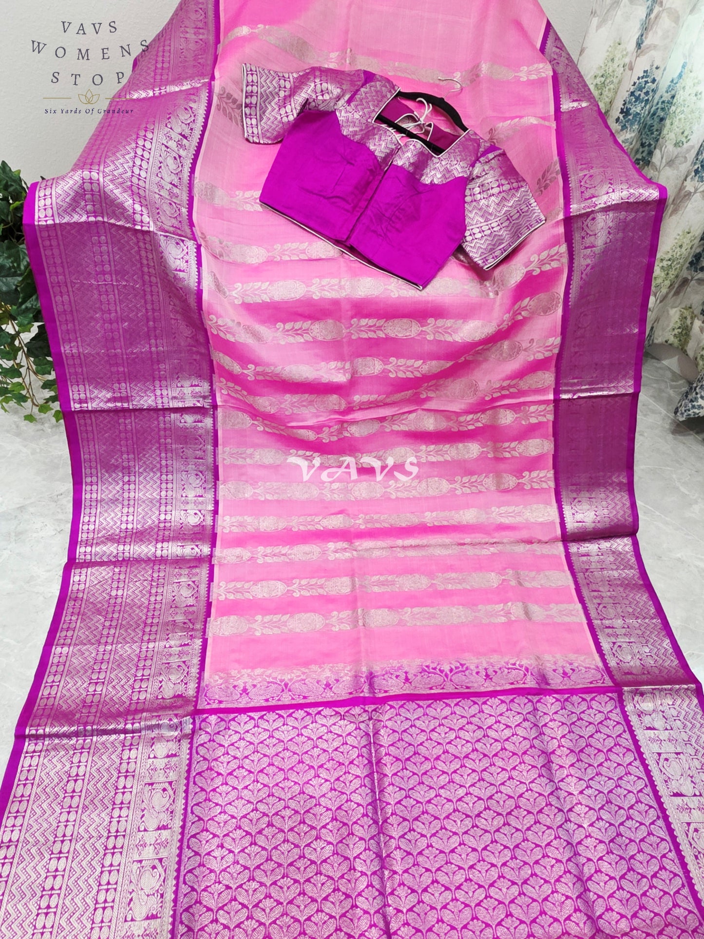 Royal Blush Pink & Imperial Orchid Pure Venkatagiri Pattu Handloom Saree with Silver Zari Stitched Blouse