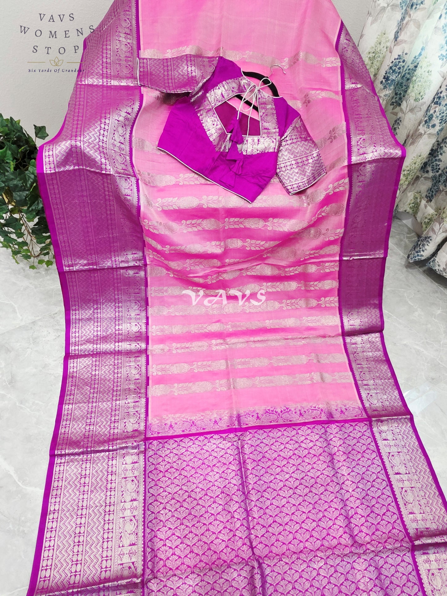 Royal Blush Pink & Imperial Orchid Pure Venkatagiri Pattu Handloom Saree with Silver Zari Stitched Blouse