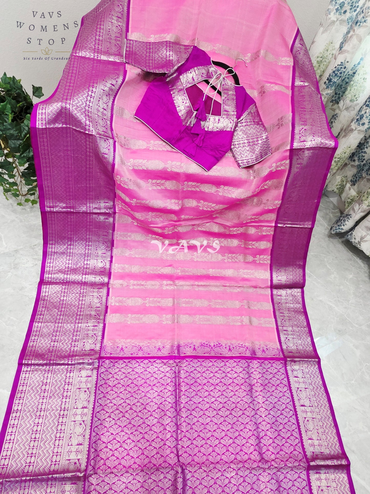 Royal Blush Pink & Imperial Orchid Pure Venkatagiri Pattu Handloom Saree with Silver Zari Stitched Blouse