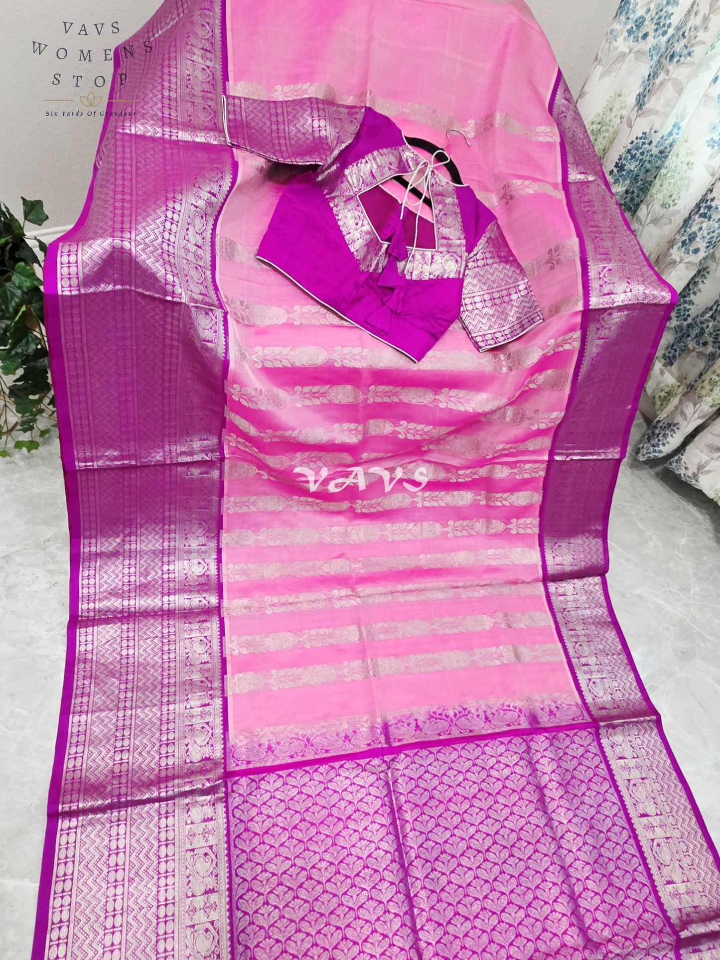 Royal Blush Pink & Imperial Orchid Pure Venkatagiri Pattu Handloom Saree with Silver Zari Stitched Blouse