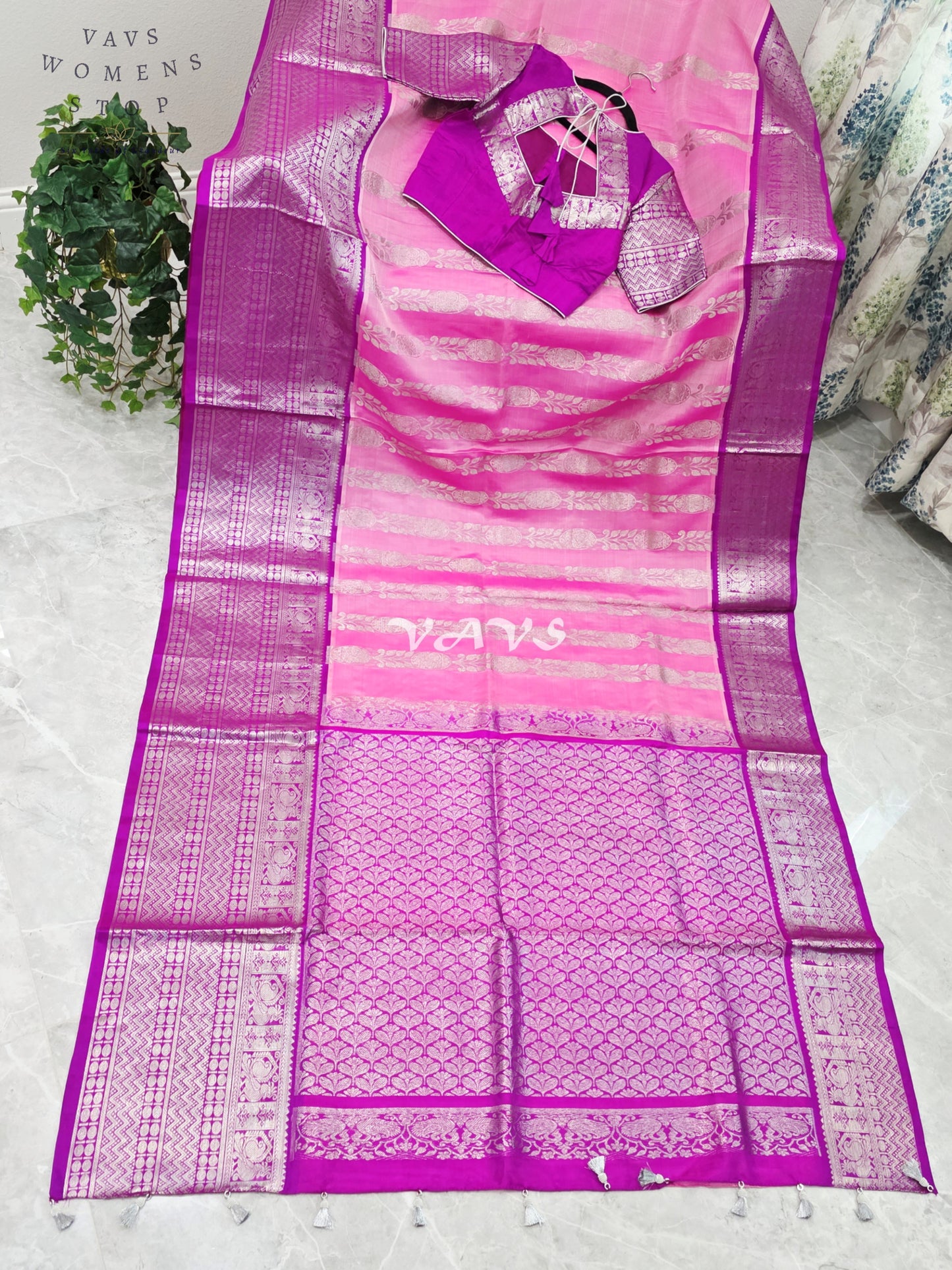 Royal Blush Pink & Imperial Orchid Pure Venkatagiri Pattu Handloom Saree with Silver Zari Stitched Blouse