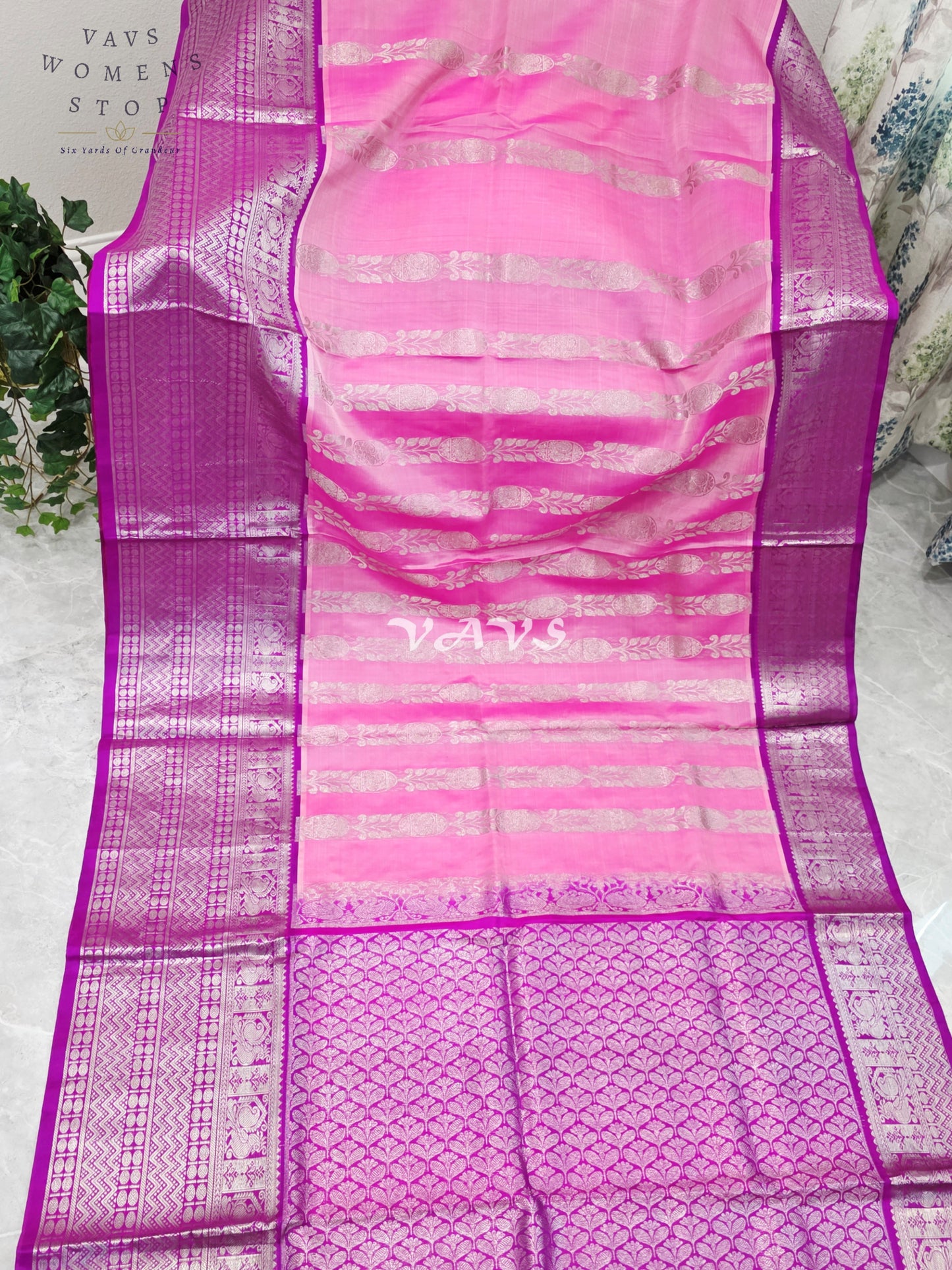 Royal Blush Pink & Imperial Orchid Pure Venkatagiri Pattu Handloom Saree with Silver Zari Stitched Blouse
