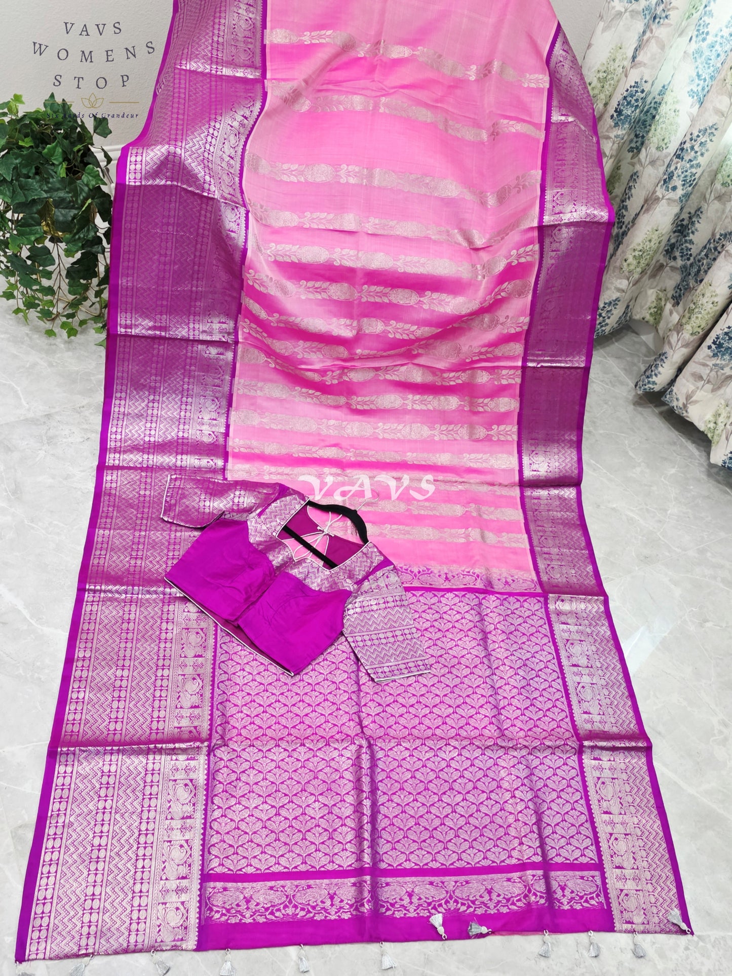 Royal Blush Pink & Imperial Orchid Pure Venkatagiri Pattu Handloom Saree with Silver Zari Stitched Blouse