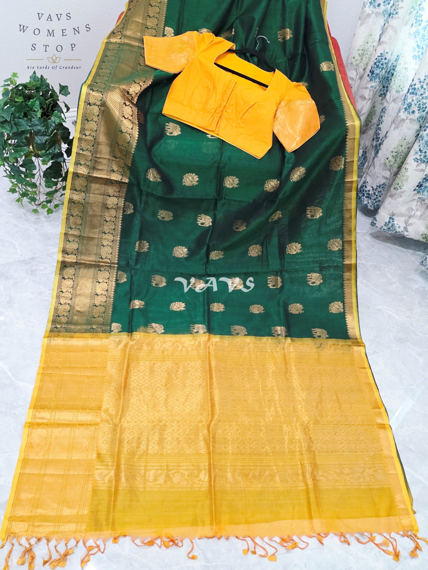 Royal Emerald Green & Sunlit Marigold Mangalagiri Pattu Handloom Silk Cotton Saree with Antique Gold Zari Border & Stitched Blouse