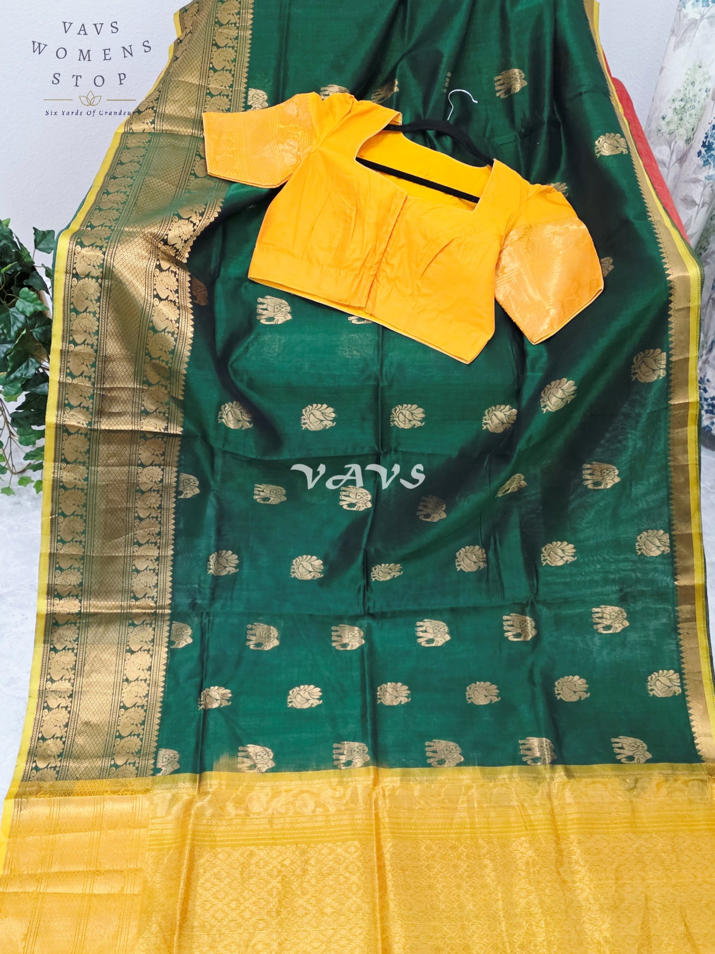 Royal Emerald Green & Sunlit Marigold Mangalagiri Pattu Handloom Silk Cotton Saree with Antique Gold Zari Border & Stitched Blouse