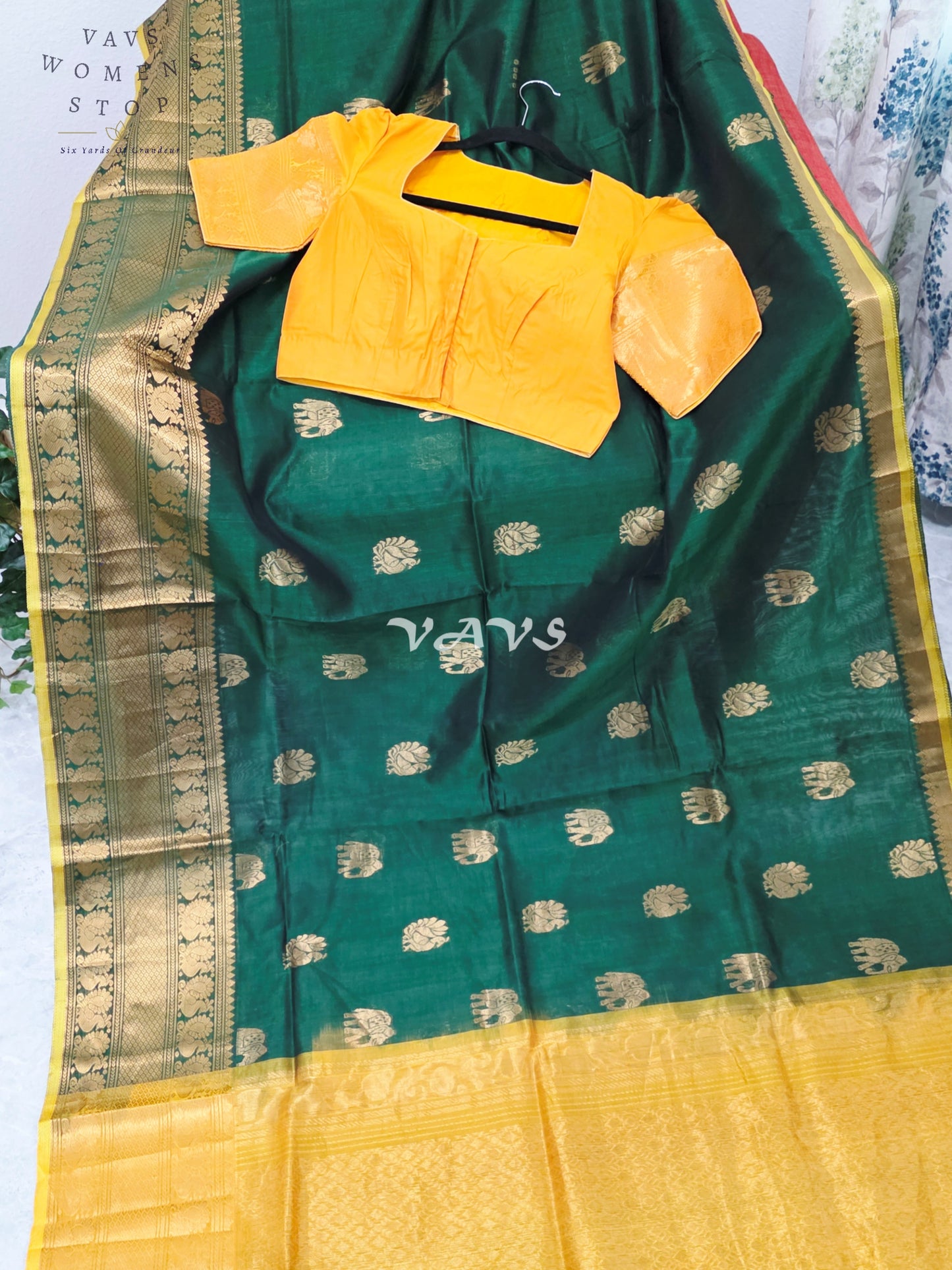 Royal Emerald Green & Sunlit Marigold Mangalagiri Pattu Handloom Silk Cotton Saree with Antique Gold Zari Border & Stitched Blouse