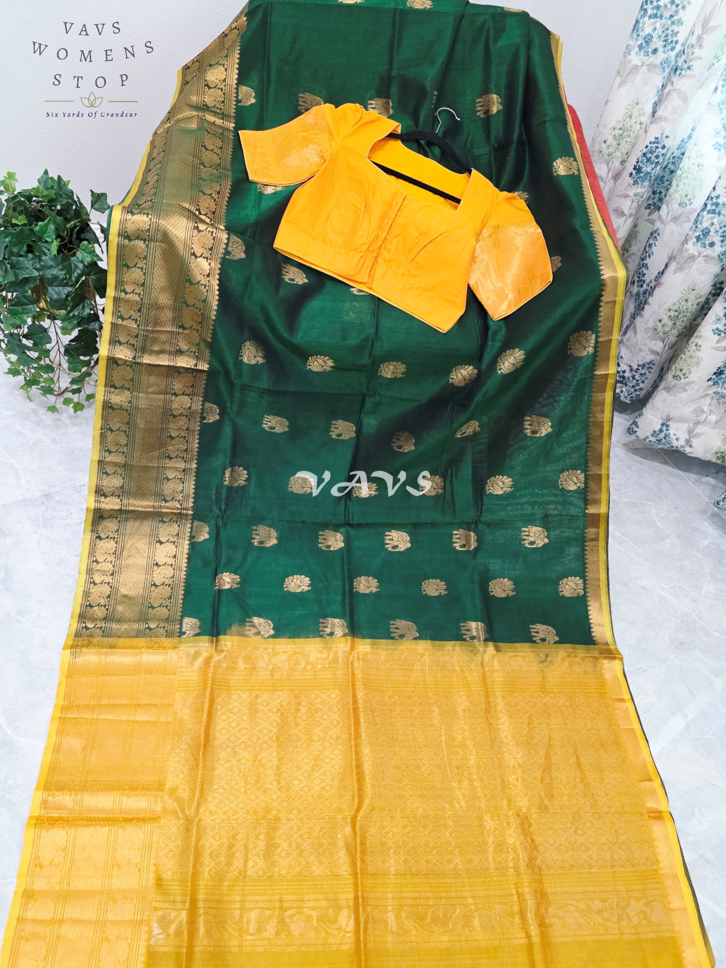 Royal Emerald Green & Sunlit Marigold Mangalagiri Pattu Handloom Silk Cotton Saree with Antique Gold Zari Border & Stitched Blouse