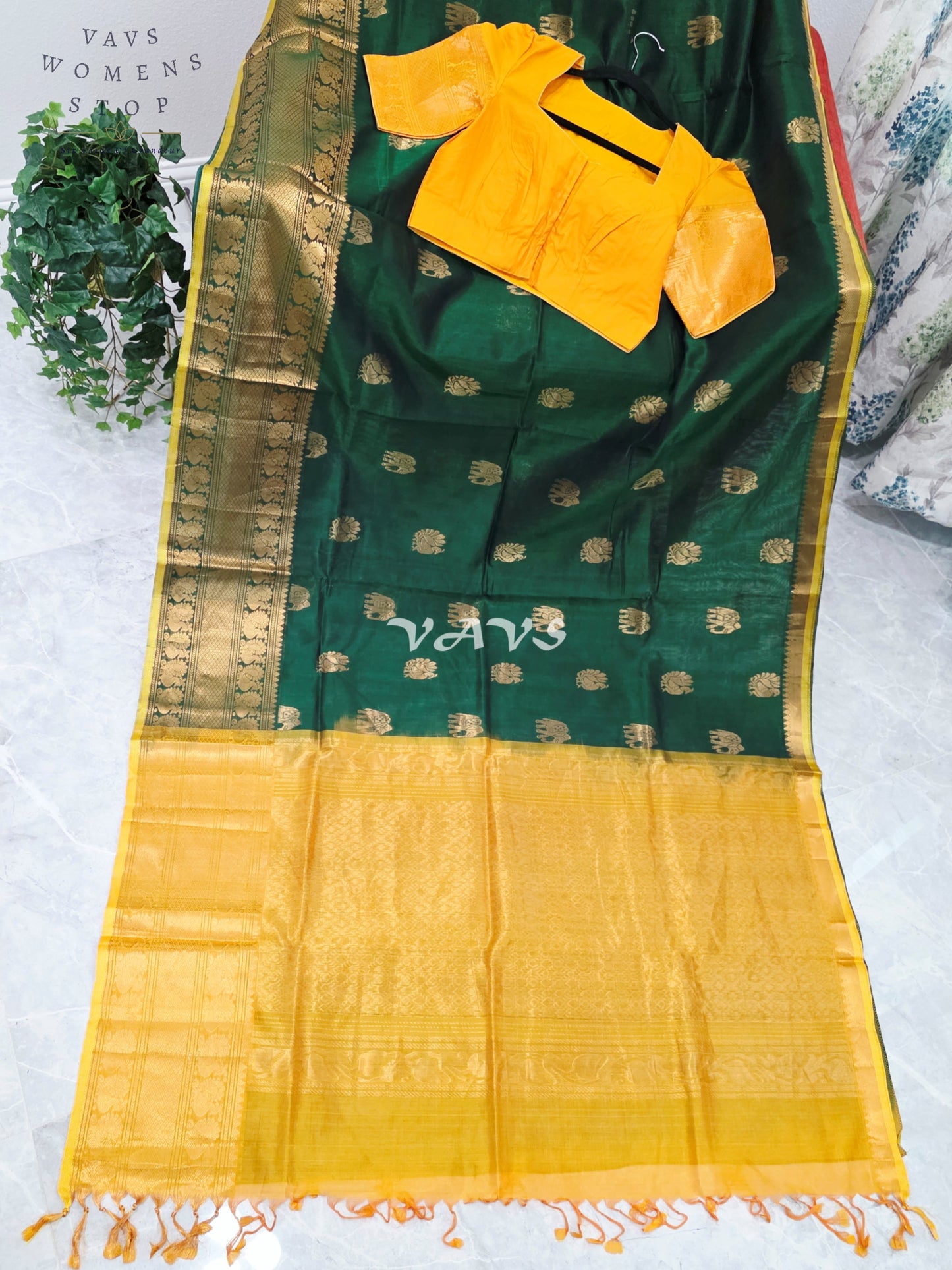 Royal Emerald Green & Sunlit Marigold Mangalagiri Pattu Handloom Silk Cotton Saree with Antique Gold Zari Border & Stitched Blouse