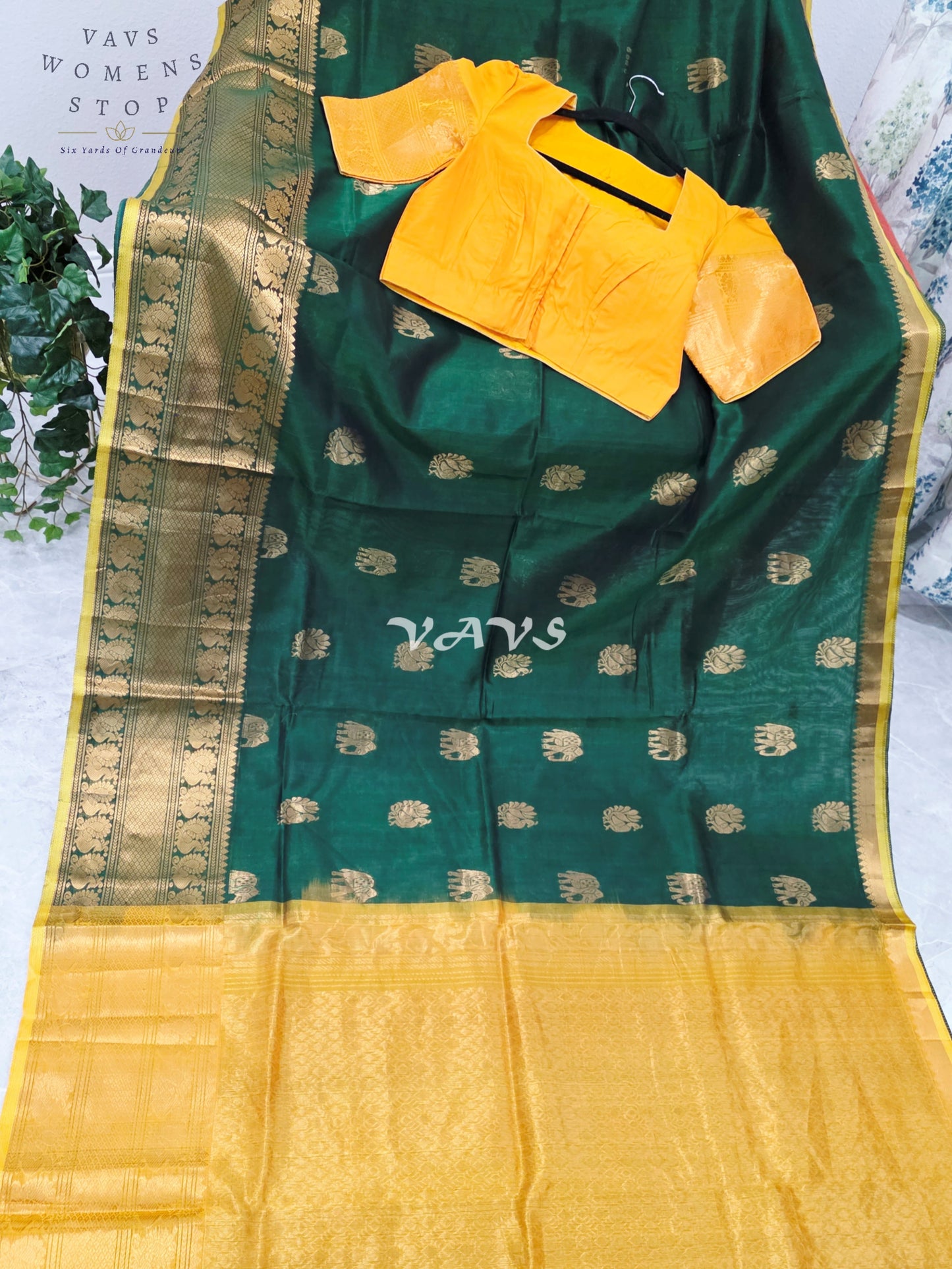 Royal Emerald Green & Sunlit Marigold Mangalagiri Pattu Handloom Silk Cotton Saree with Antique Gold Zari Border & Stitched Blouse