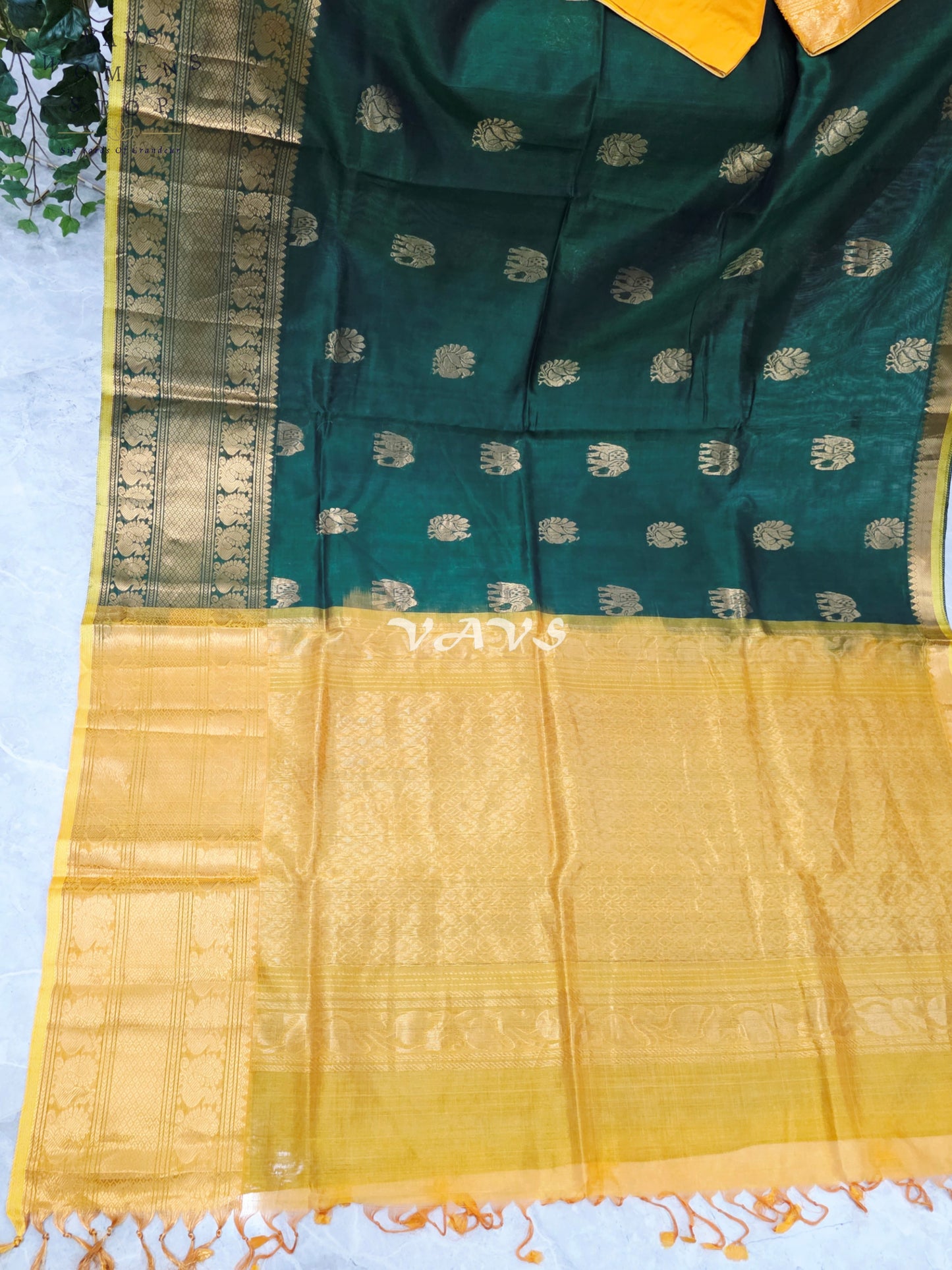 Royal Emerald Green & Sunlit Marigold Mangalagiri Pattu Handloom Silk Cotton Saree with Antique Gold Zari Border & Stitched Blouse