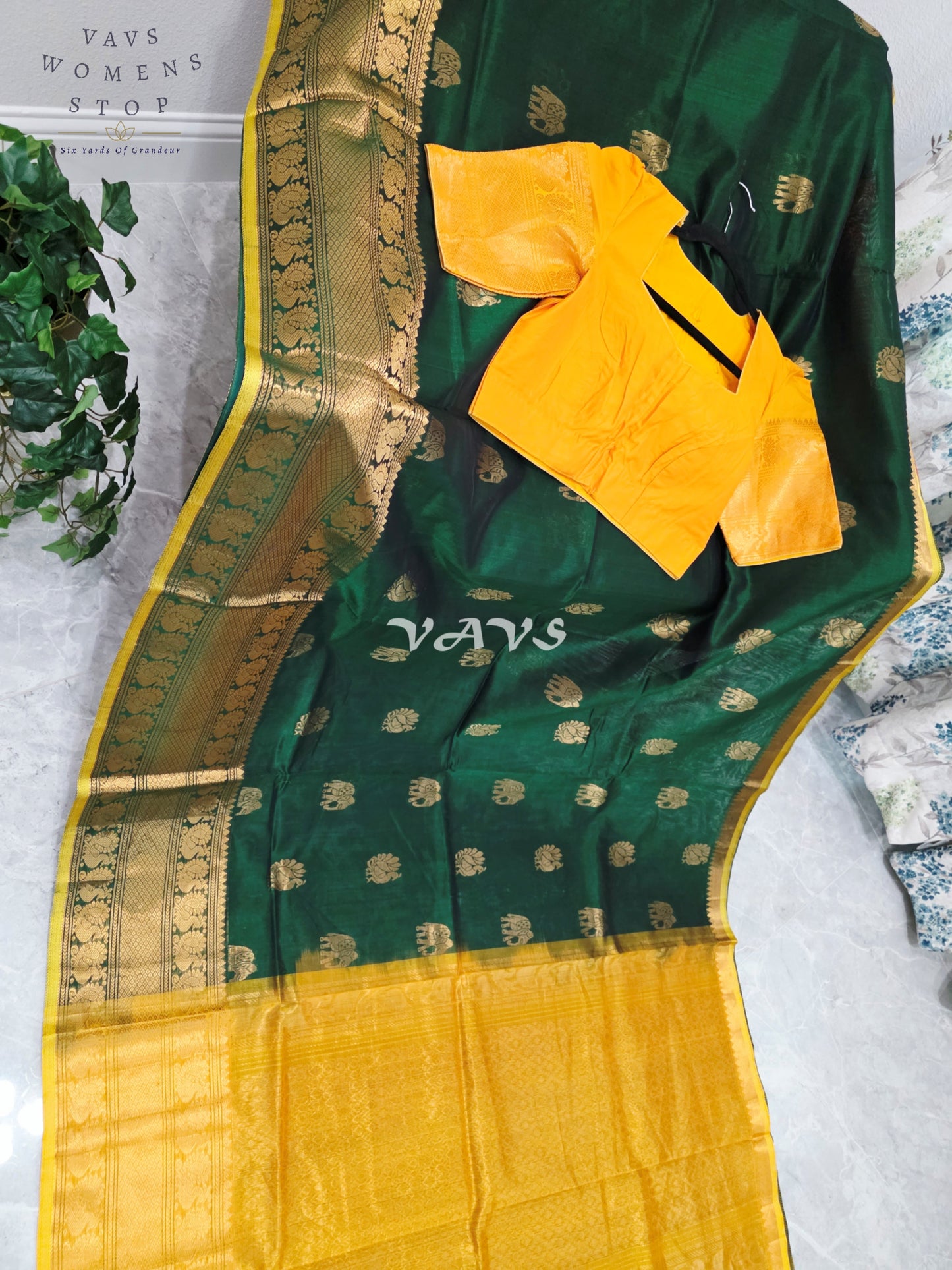 Royal Emerald Green & Sunlit Marigold Mangalagiri Pattu Handloom Silk Cotton Saree with Antique Gold Zari Border & Stitched Blouse