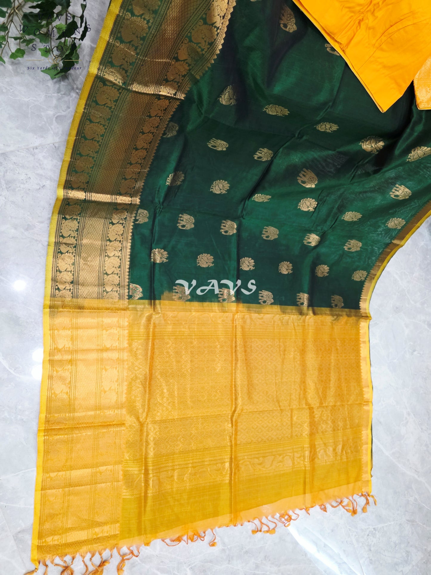 Royal Emerald Green & Sunlit Marigold Mangalagiri Pattu Handloom Silk Cotton Saree with Antique Gold Zari Border & Stitched Blouse