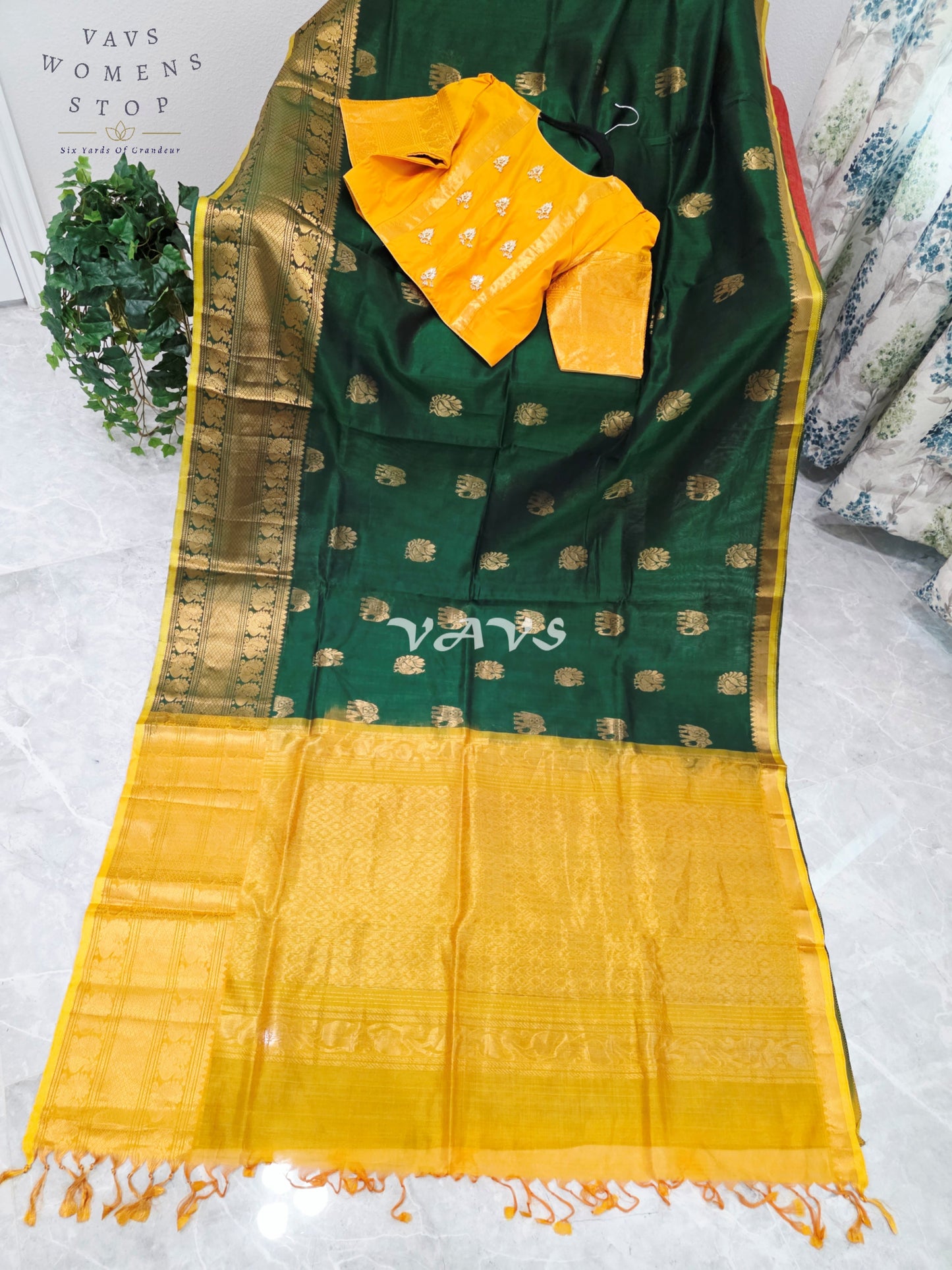 Royal Emerald Green & Sunlit Marigold Mangalagiri Pattu Handloom Silk Cotton Saree with Antique Gold Zari Border & Stitched Blouse
