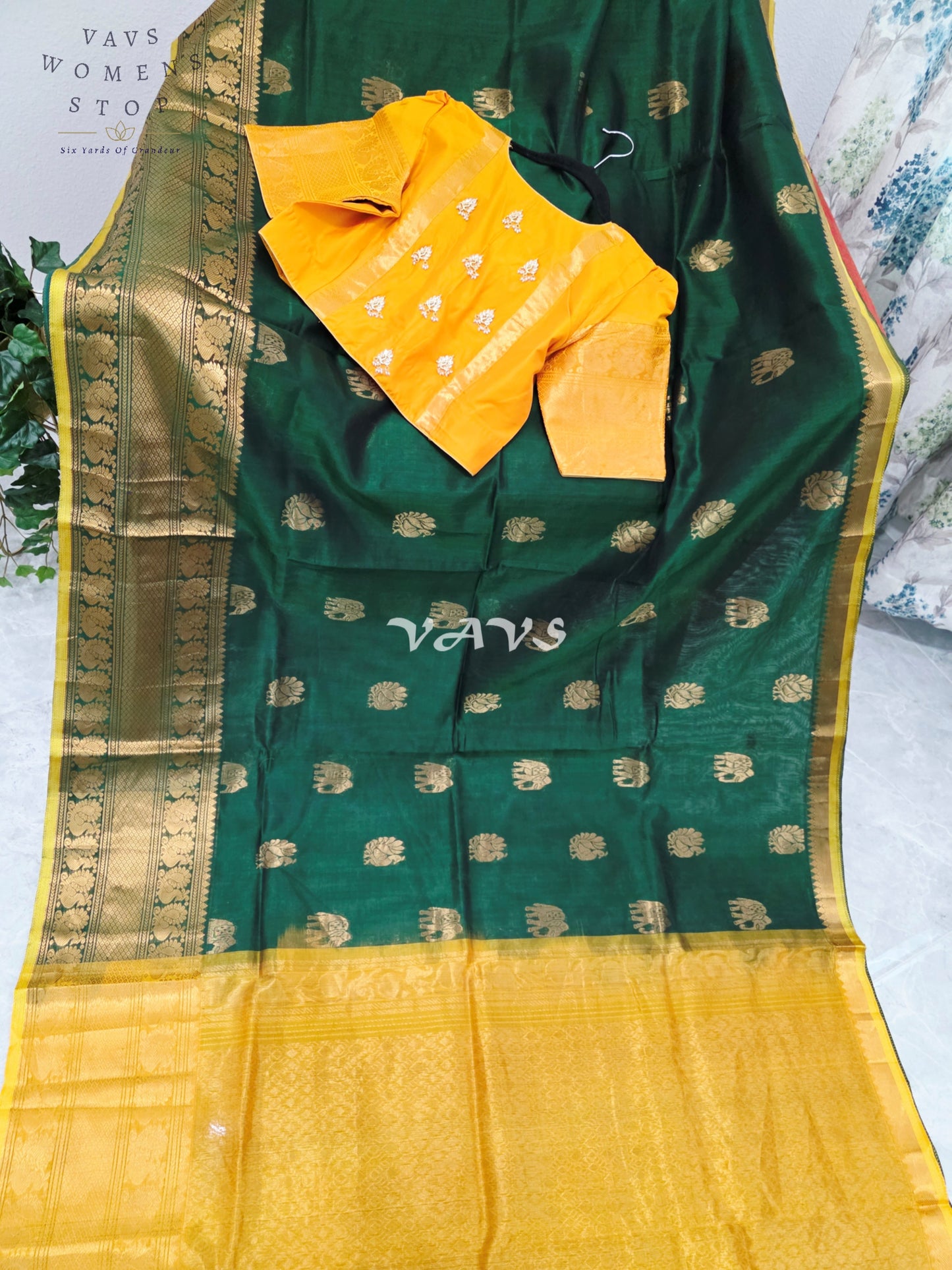 Royal Emerald Green & Sunlit Marigold Mangalagiri Pattu Handloom Silk Cotton Saree with Antique Gold Zari Border & Stitched Blouse