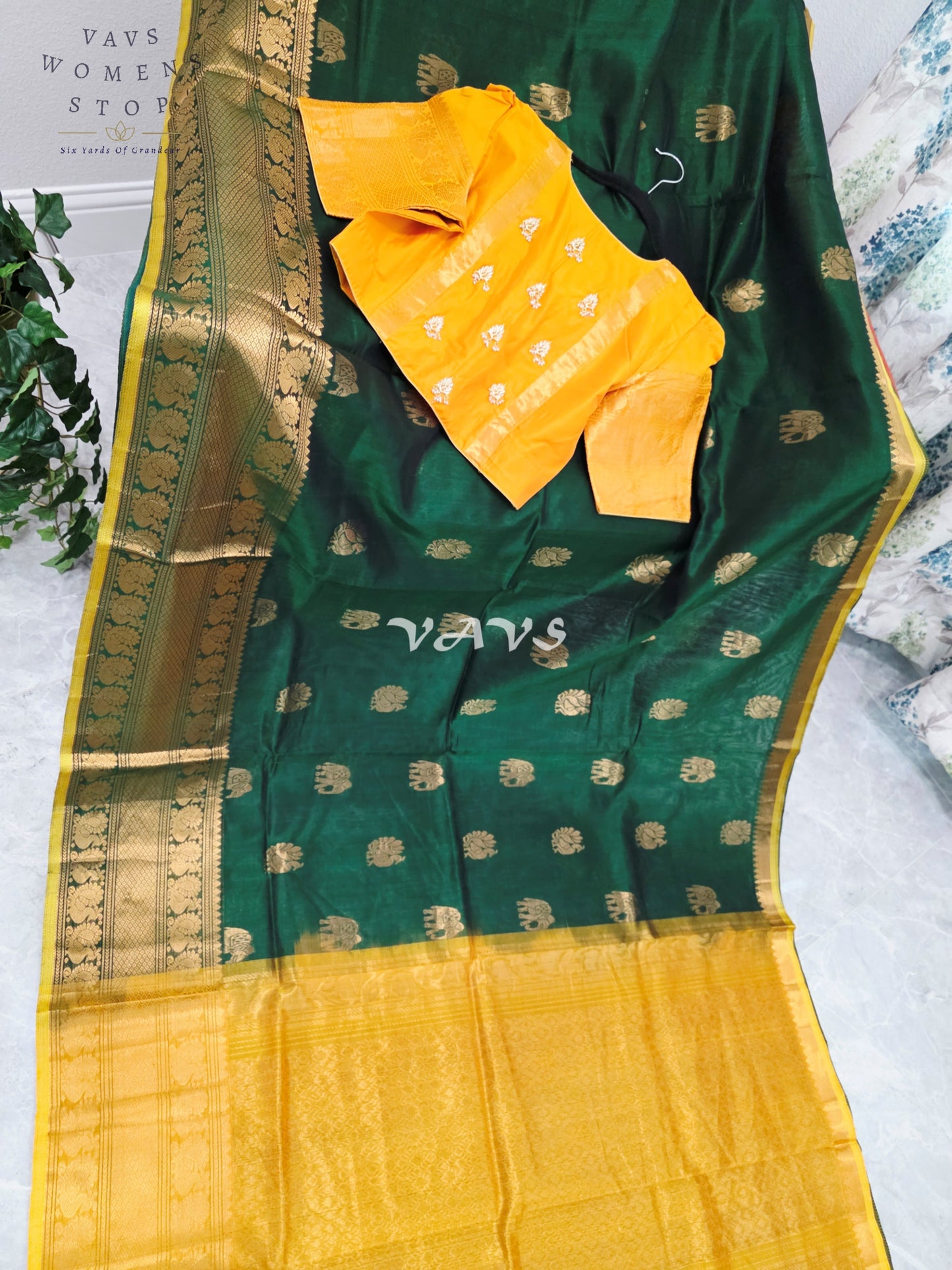 Royal Emerald Green & Sunlit Marigold Mangalagiri Pattu Handloom Silk Cotton Saree with Antique Gold Zari Border & Stitched Blouse