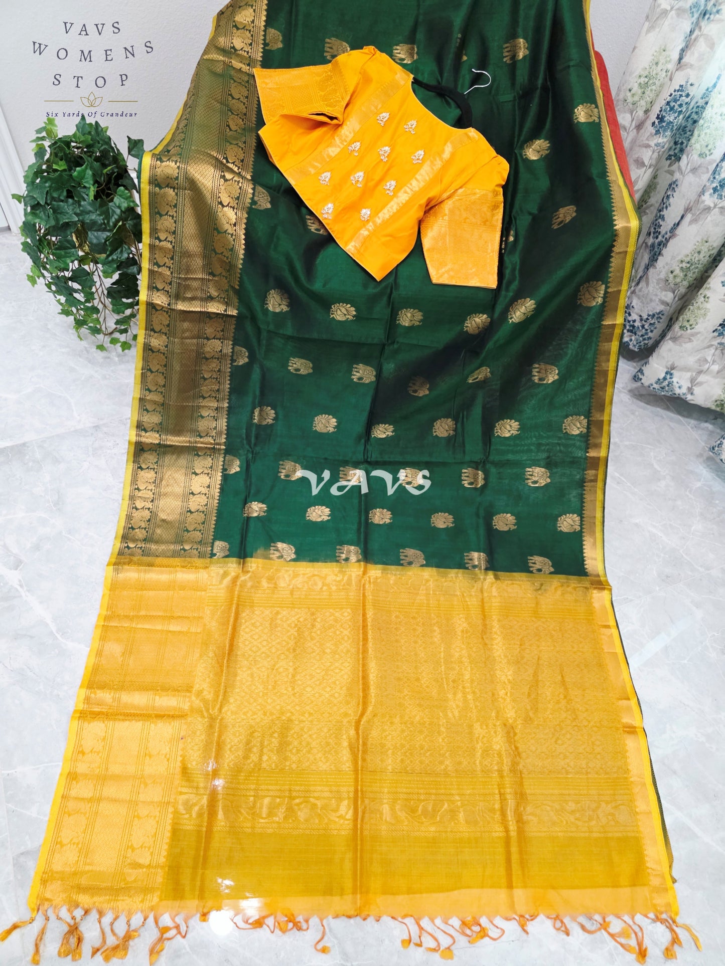Royal Emerald Green & Sunlit Marigold Mangalagiri Pattu Handloom Silk Cotton Saree with Antique Gold Zari Border & Stitched Blouse