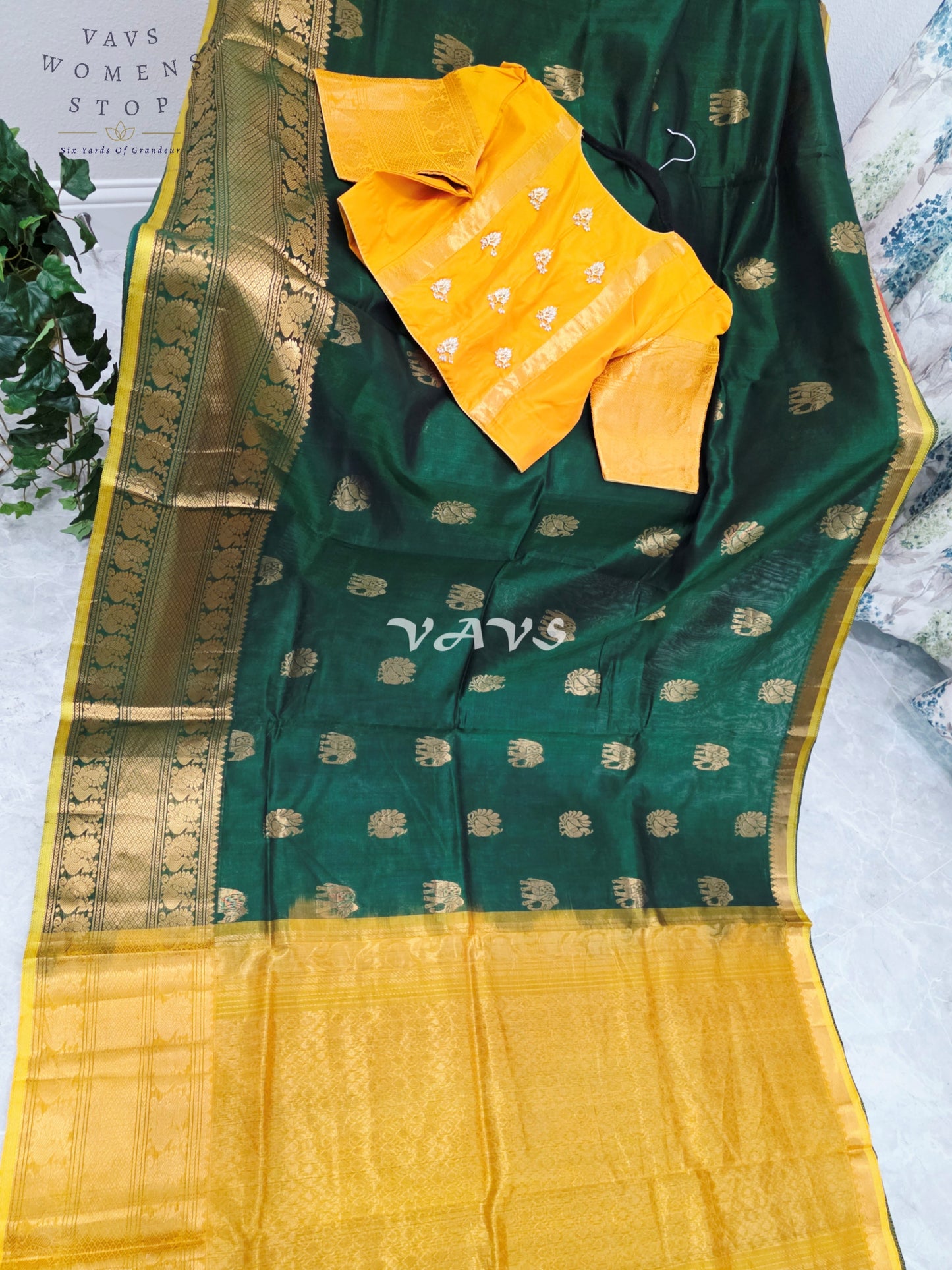 Royal Emerald Green & Sunlit Marigold Mangalagiri Pattu Handloom Silk Cotton Saree with Antique Gold Zari Border & Stitched Blouse