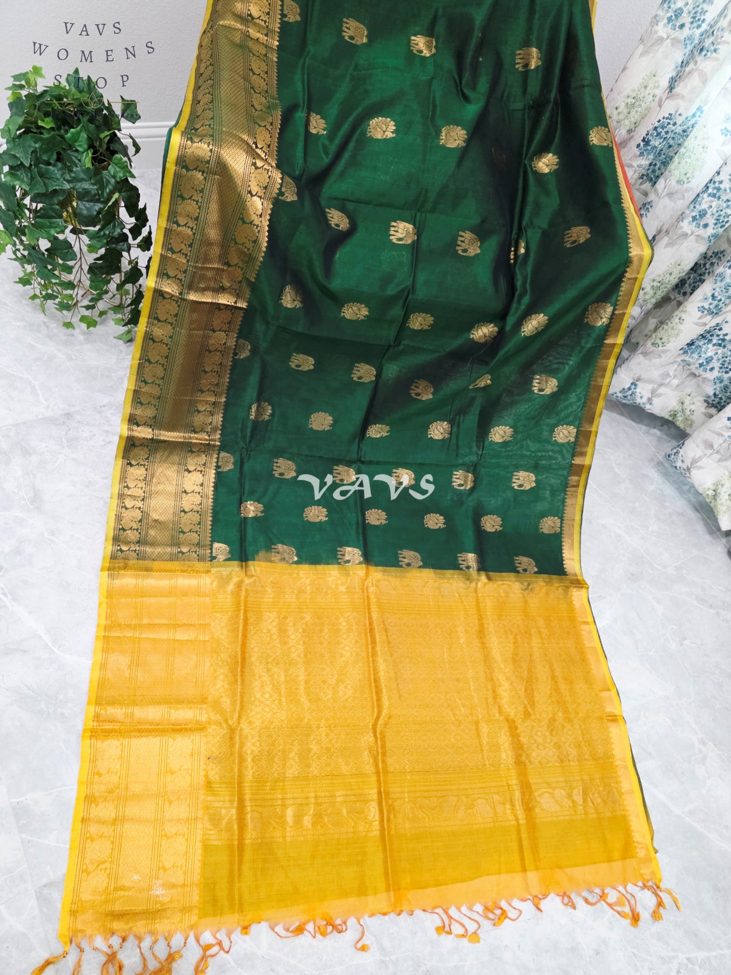 Royal Emerald Green & Sunlit Marigold Mangalagiri Pattu Handloom Silk Cotton Saree with Antique Gold Zari Border & Stitched Blouse