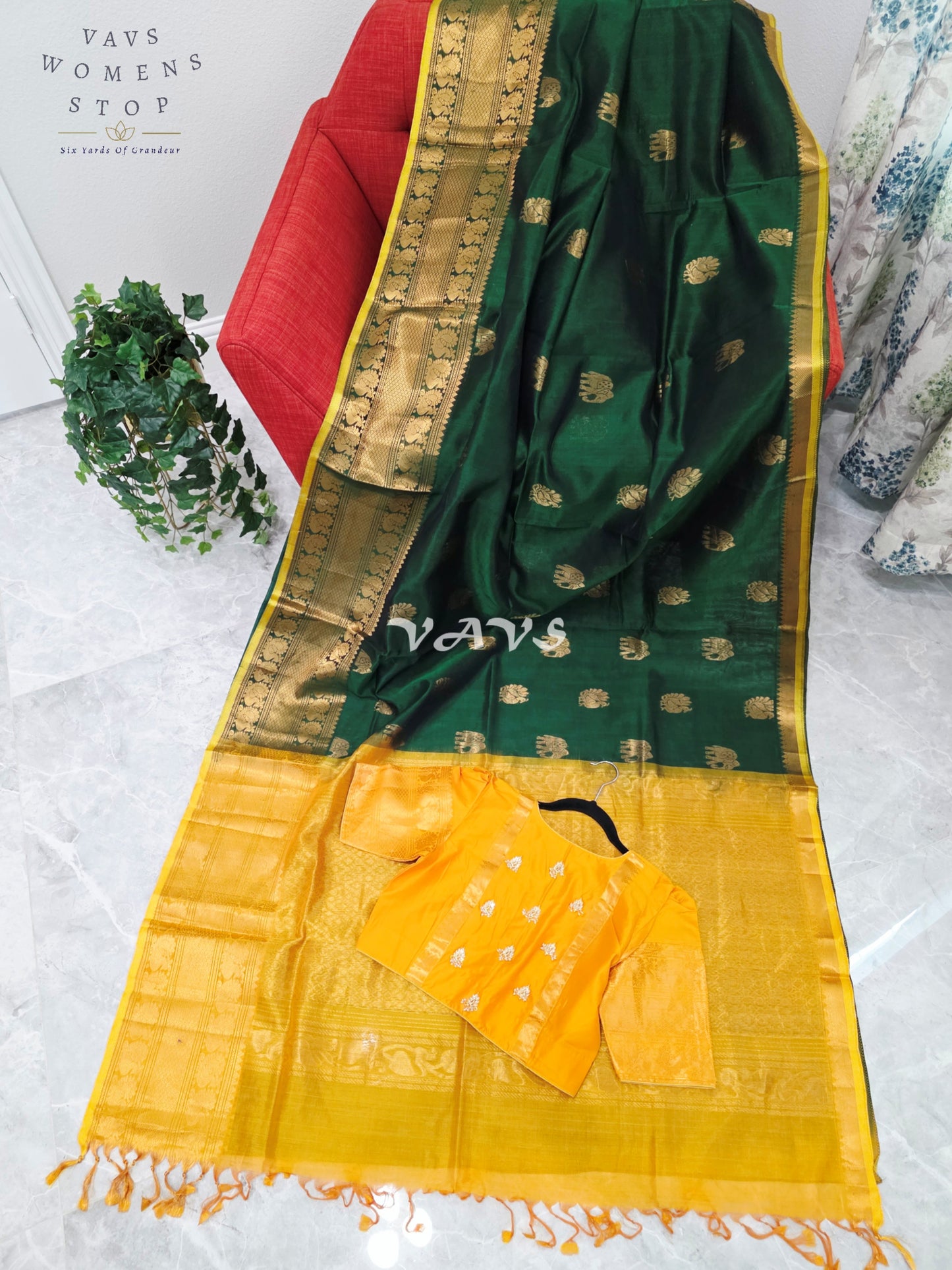 Royal Emerald Green & Sunlit Marigold Mangalagiri Pattu Handloom Silk Cotton Saree with Antique Gold Zari Border & Stitched Blouse
