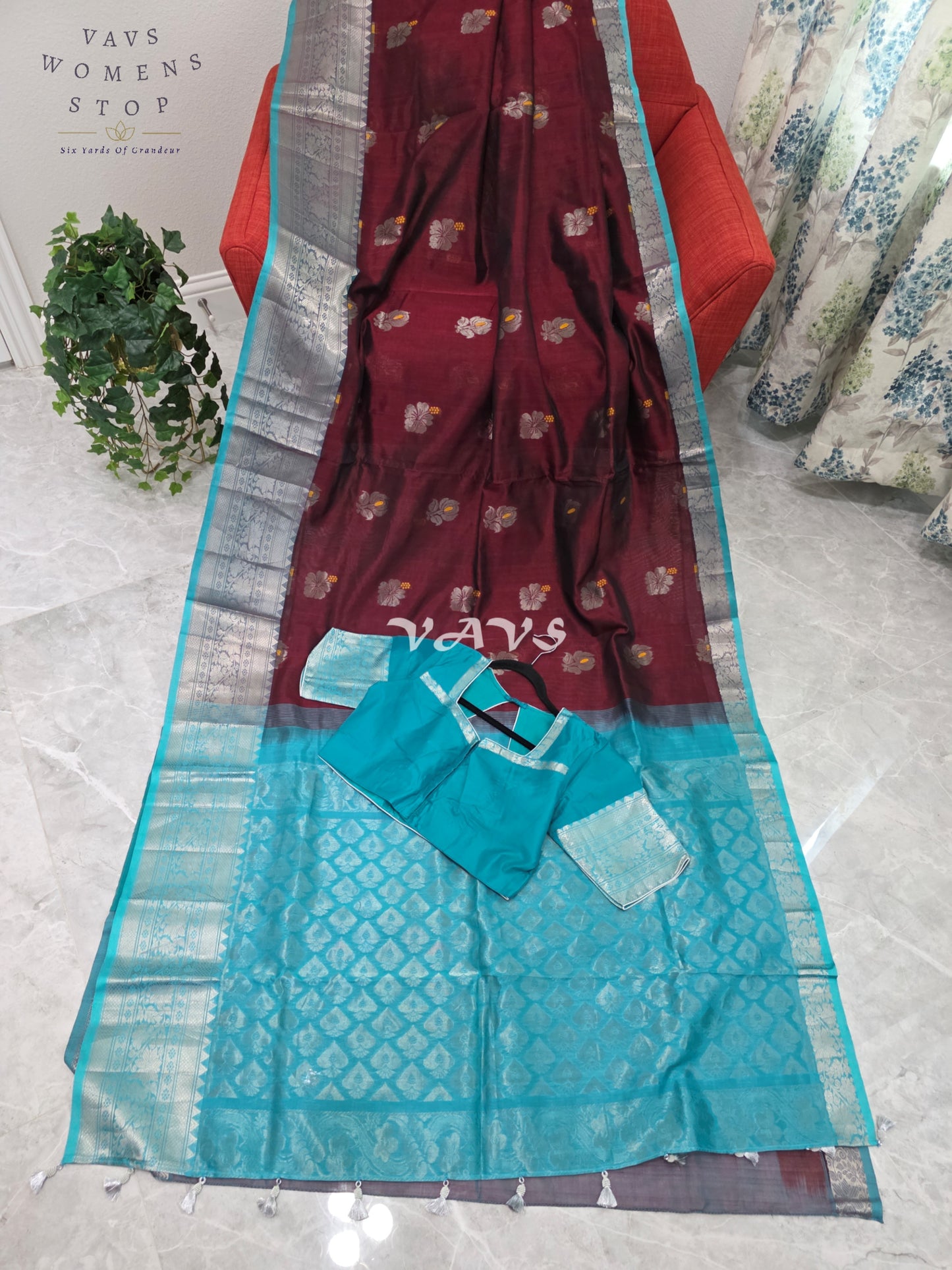 Royal Mulberry Wine & Aqua Turquoise Mangalagiri Pattu Handloom Silk Cotton Saree with Silver Zari Border & Stitched Blouse
