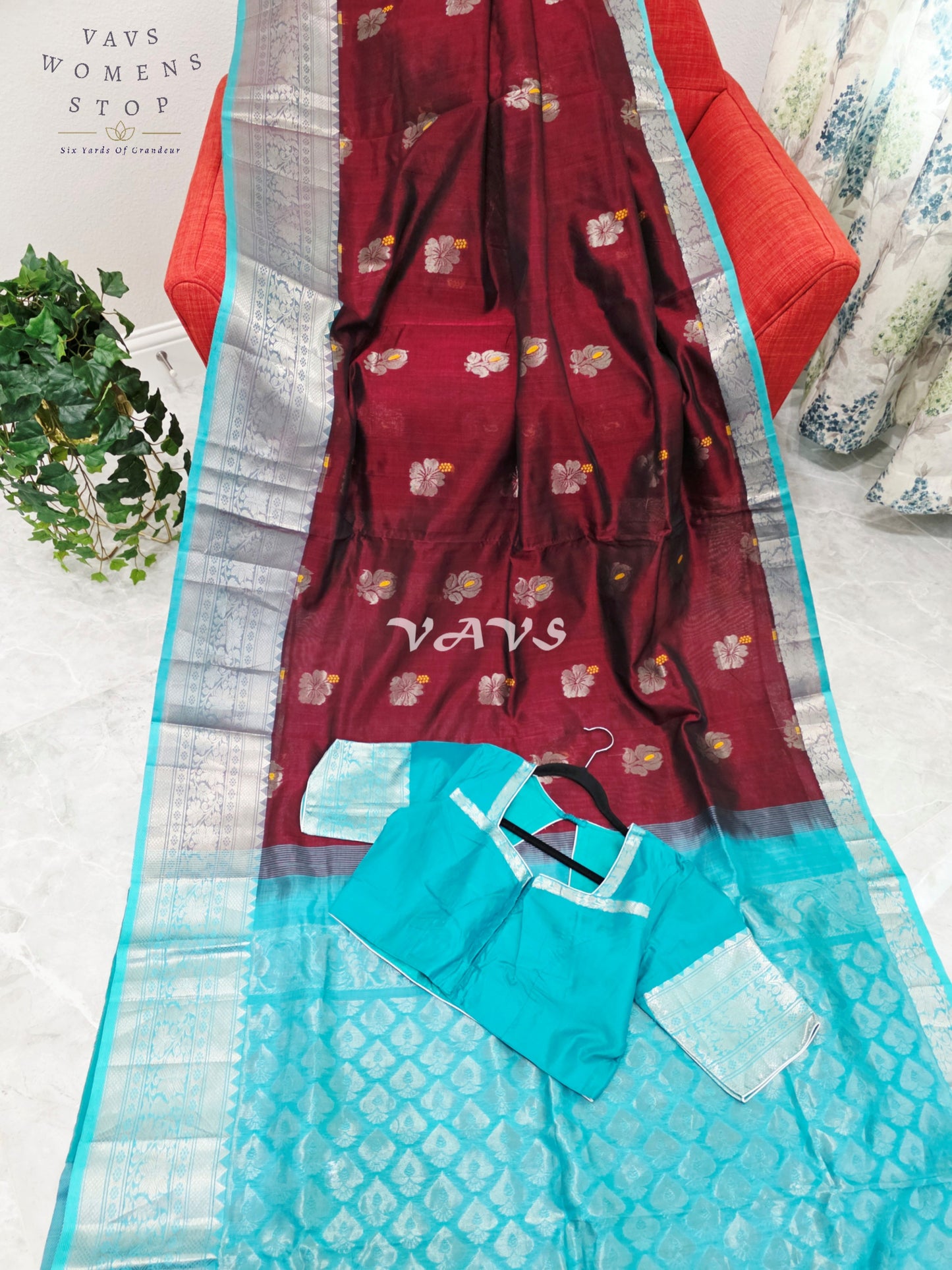 Royal Mulberry Wine & Aqua Turquoise Mangalagiri Pattu Handloom Silk Cotton Saree with Silver Zari Border & Stitched Blouse