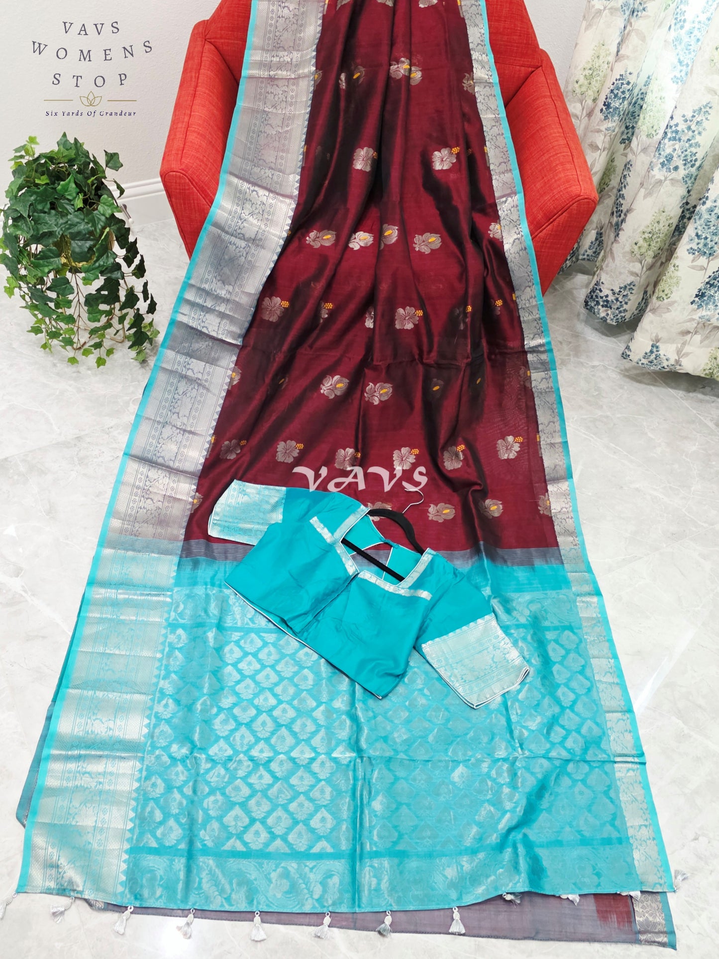Royal Mulberry Wine & Aqua Turquoise Mangalagiri Pattu Handloom Silk Cotton Saree with Silver Zari Border & Stitched Blouse