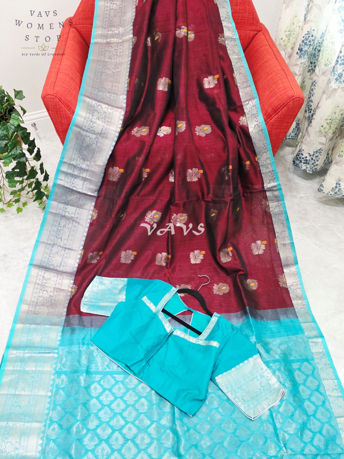 Royal Mulberry Wine & Aqua Turquoise Mangalagiri Pattu Handloom Silk Cotton Saree with Silver Zari Border & Stitched Blouse