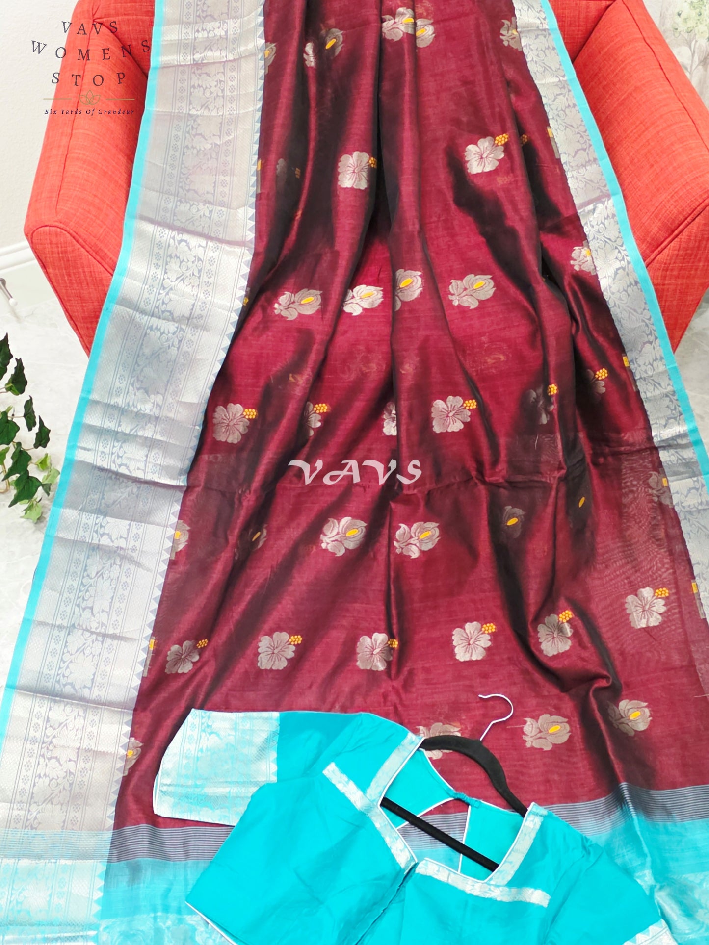 Royal Mulberry Wine & Aqua Turquoise Mangalagiri Pattu Handloom Silk Cotton Saree with Silver Zari Border & Stitched Blouse