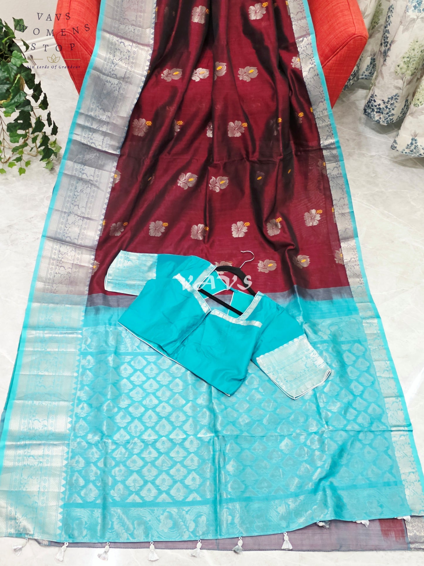 Royal Mulberry Wine & Aqua Turquoise Mangalagiri Pattu Handloom Silk Cotton Saree with Silver Zari Border & Stitched Blouse