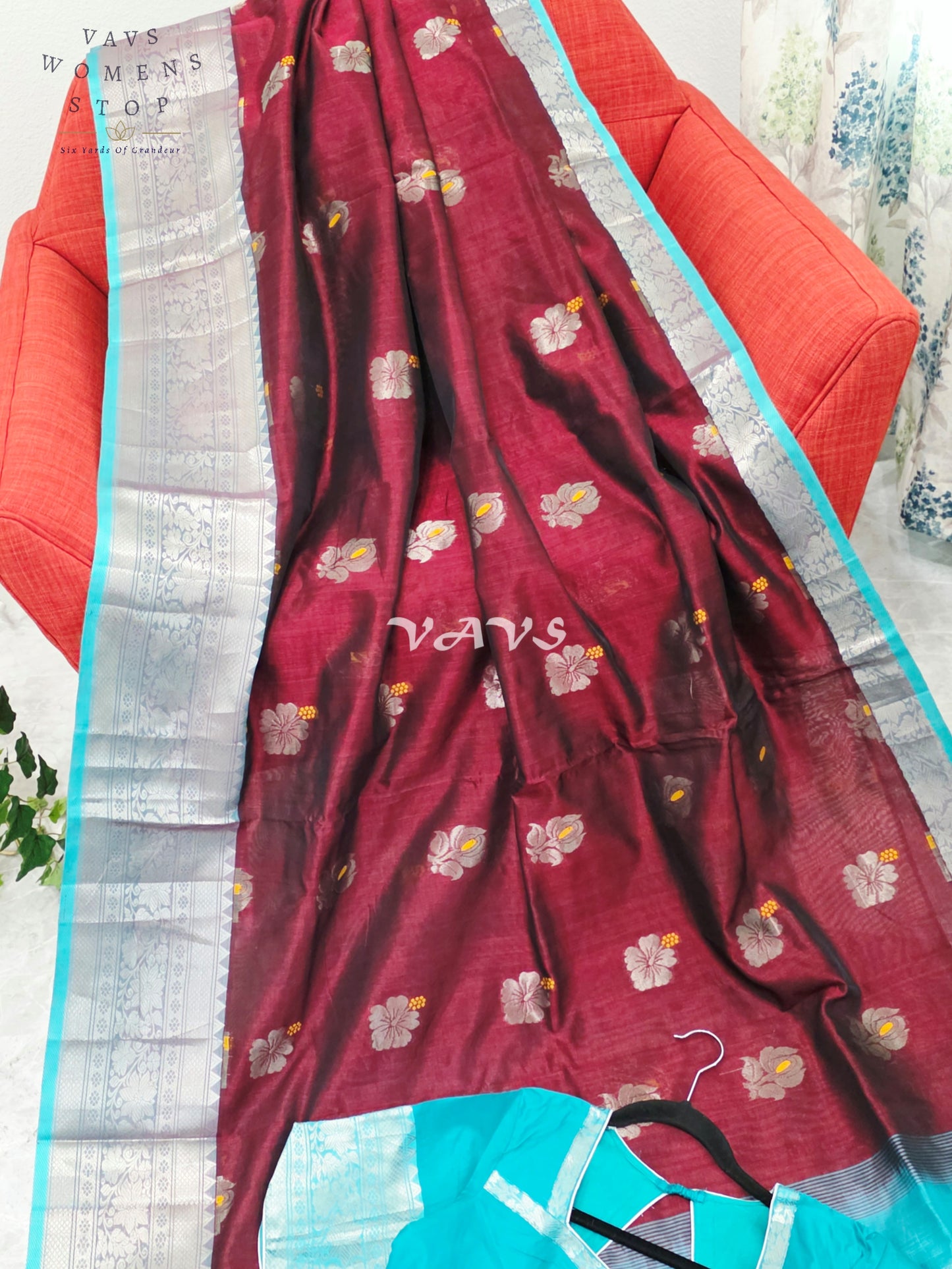 Royal Mulberry Wine & Aqua Turquoise Mangalagiri Pattu Handloom Silk Cotton Saree with Silver Zari Border & Stitched Blouse