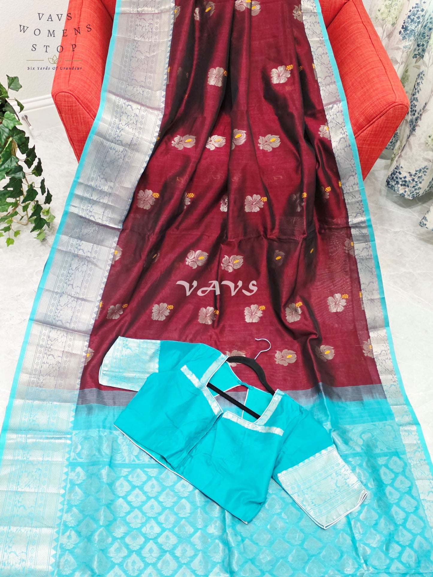 Royal Mulberry Wine & Aqua Turquoise Mangalagiri Pattu Handloom Silk Cotton Saree with Silver Zari Border & Stitched Blouse