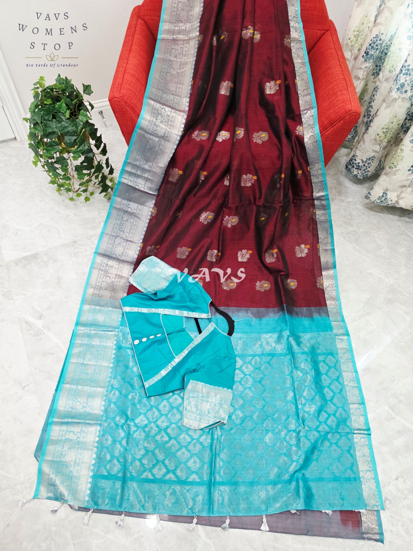 Royal Mulberry Wine & Aqua Turquoise Mangalagiri Pattu Handloom Silk Cotton Saree with Silver Zari Border & Stitched Blouse